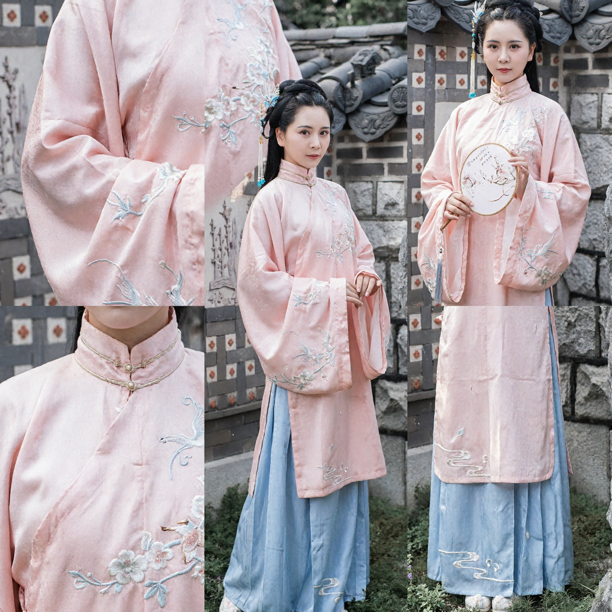 Traditional Chinese Ming Dynasty Hanfu Set Pink Embroidered Top and Blue Skirt Ancient Costume for Women - Asian Costume
