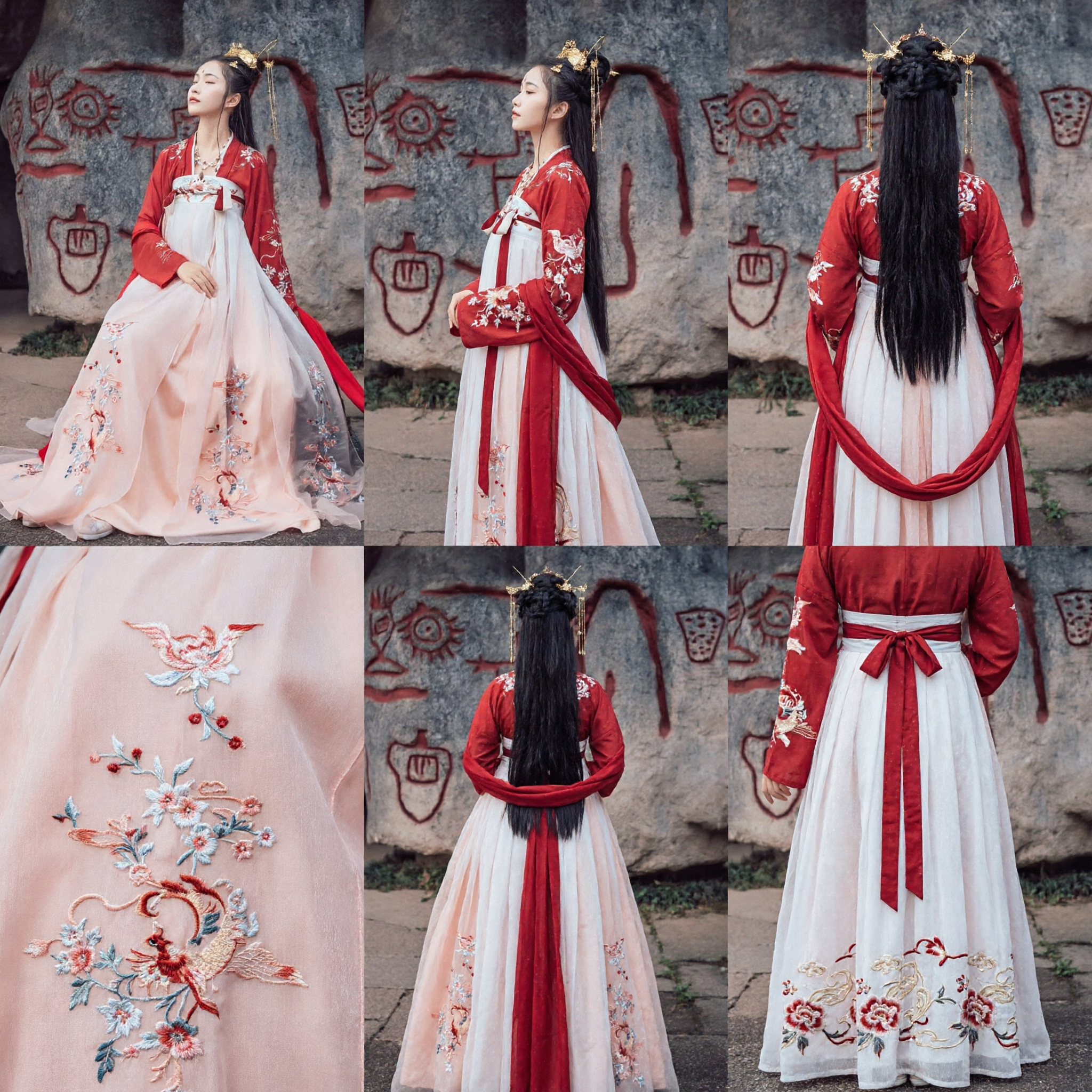 Traditional Chinese Tang Dynasty Hanfu Costume Red Embroidered Top and Pink Skirt Ancient Fairy Dress for Women - Asian Costume