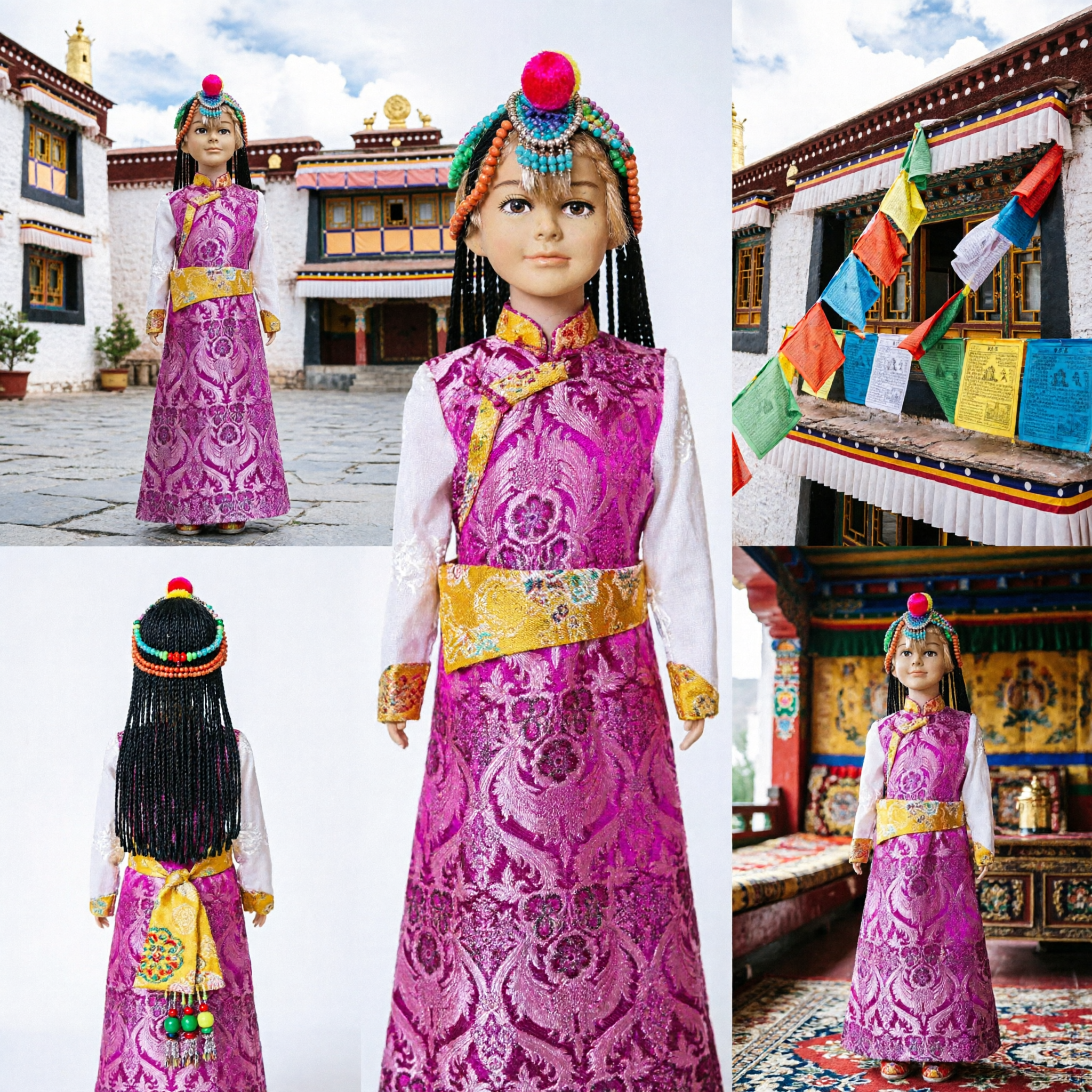 Traditional Chinese Tibetan Folk Dance Costume Pink Phoenix Brocade Dress with Headdress for Kids Performance - Asian Costume
