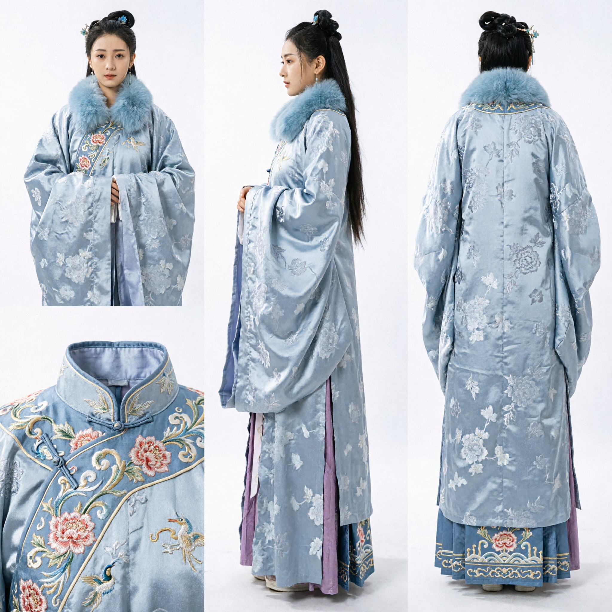 Traditional Chinese Hanfu Winter Cloak with Blue Fur Collar Ancient Costume for Women Historical Drama - Asian Costume