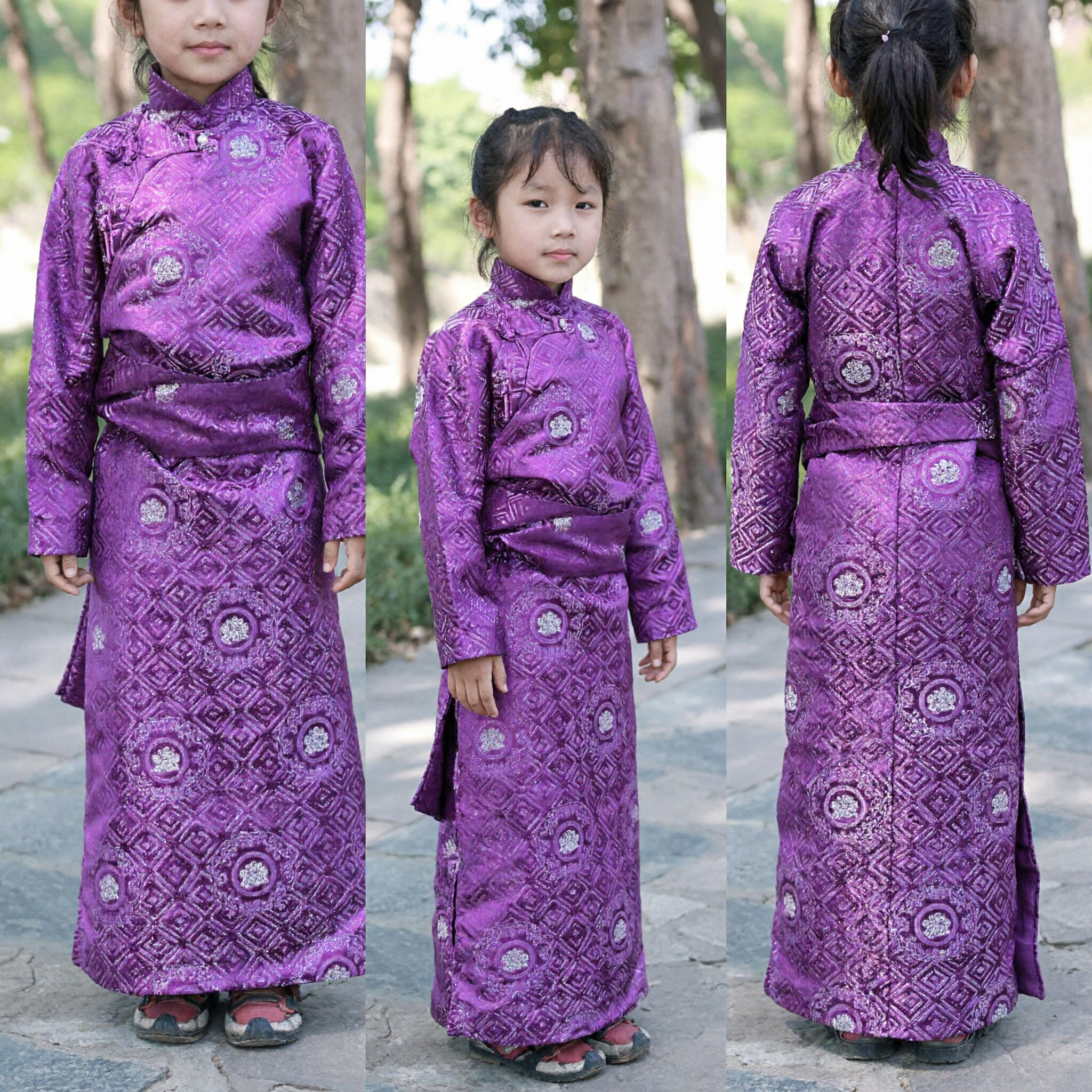 Kids Traditional Mongolian Robe Purple Brocade Deel Dress Ethnic Costume for Girls Dance Performance - Asian Costume