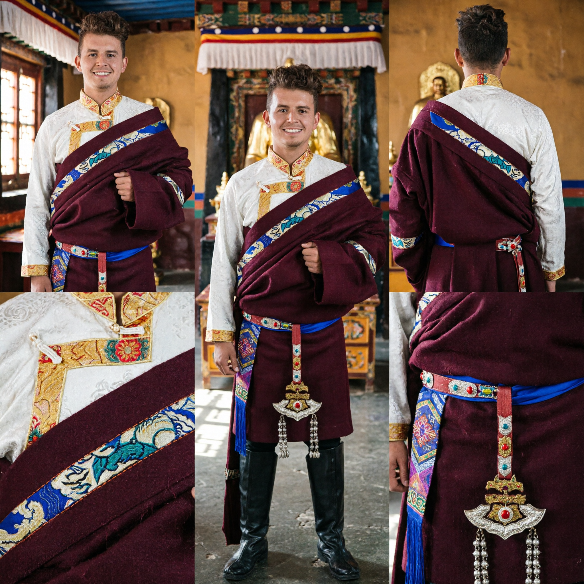 Traditional Tibetan Costume for Men Ethnic Chuba Robe Folk Dance Performance Outfit with Ornaments - Asian Costume