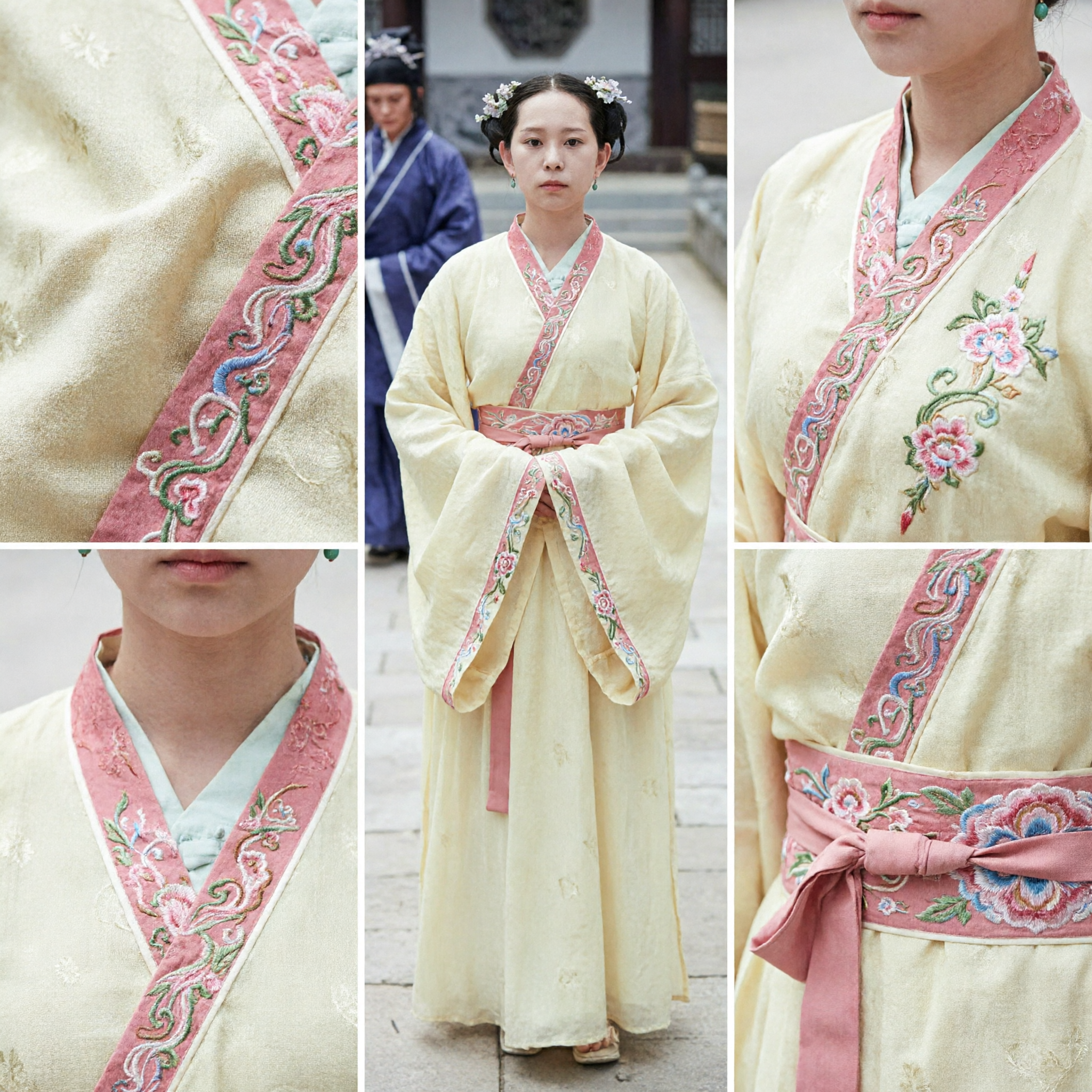 Traditional Chinese Hanfu Ancient Princess Costume Pale Yellow Wide Sleeve Robe with Pink Belt for Women - Asian Costume