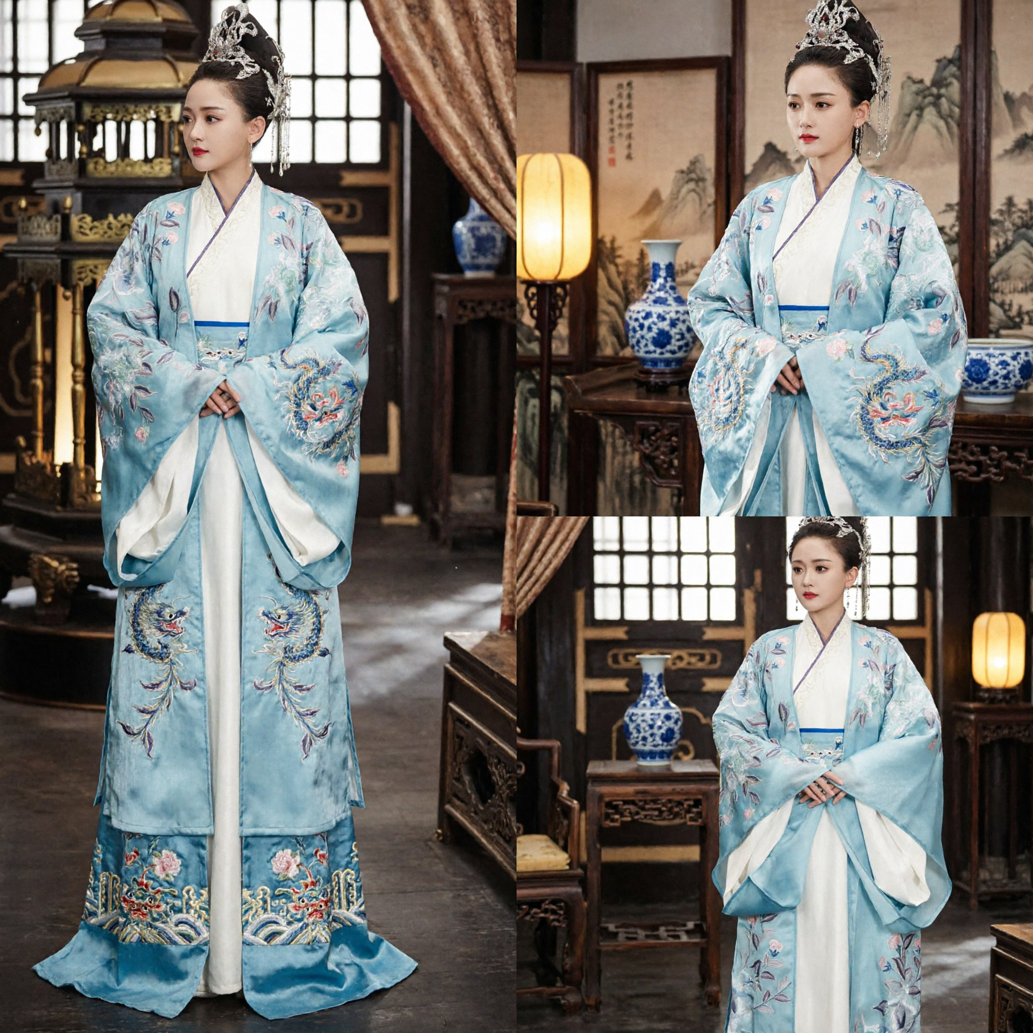 Ancient Chinese Traditional Hanfu Light Blue Embroidered Princess Costume for Women Cosplay - Asian Costume