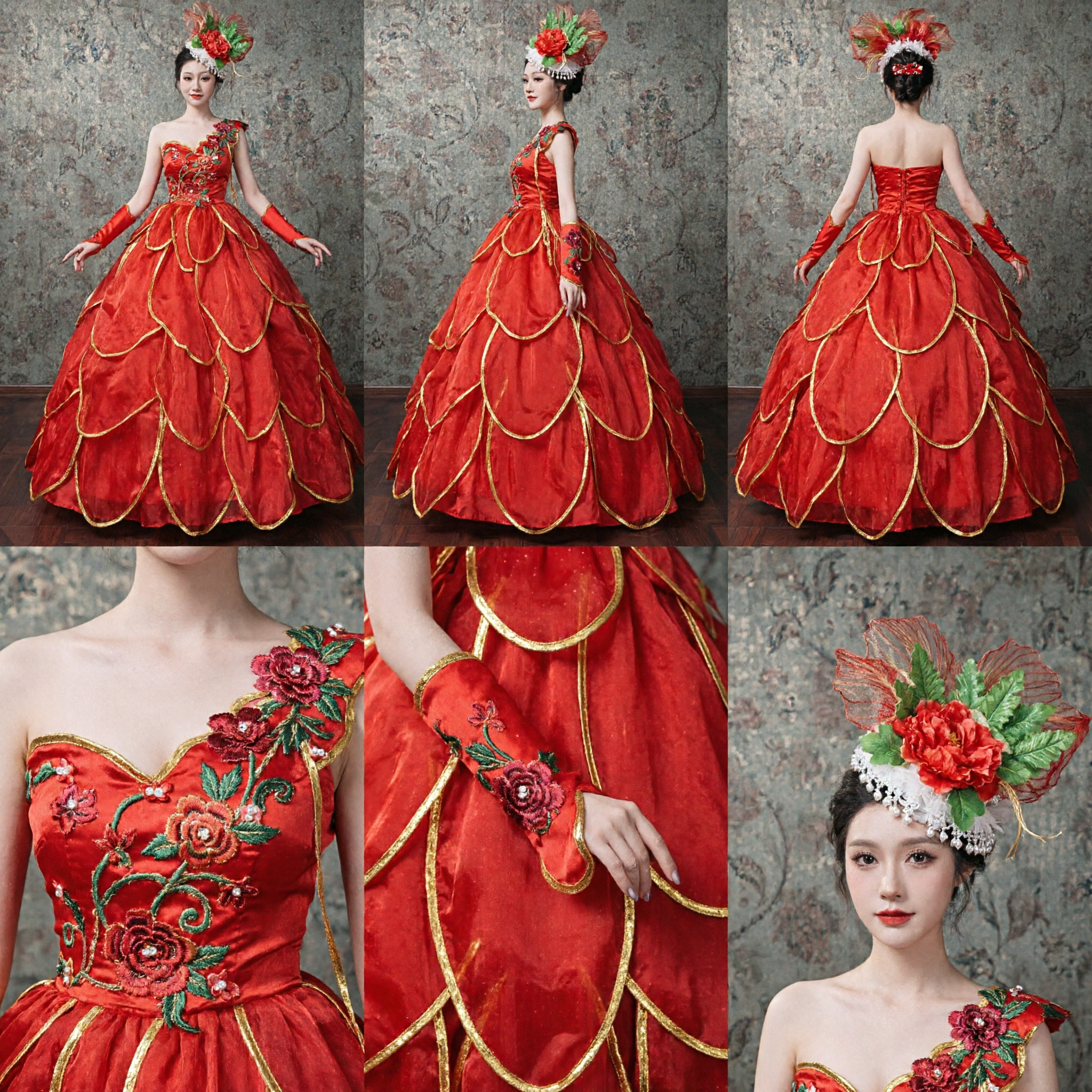 Chinese Traditional Red Flower Dance Costume Women Stage Performance Dress Folk Art - Asian Costume