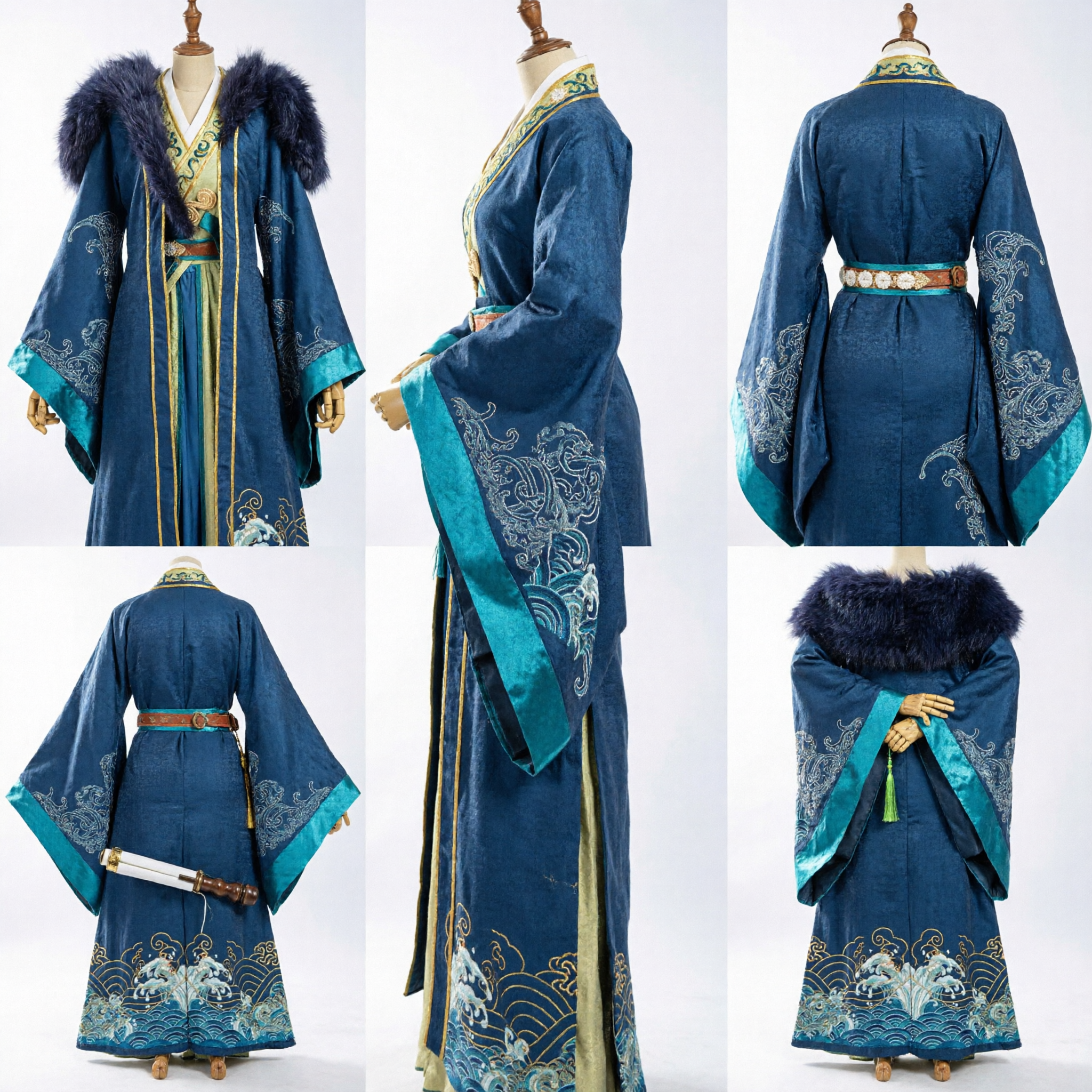 Traditional Chinese Ancient Prince Hanfu Costume for Men Blue Embroidered Robe with Fur Collar Cosplay Outfit - Asian Costume