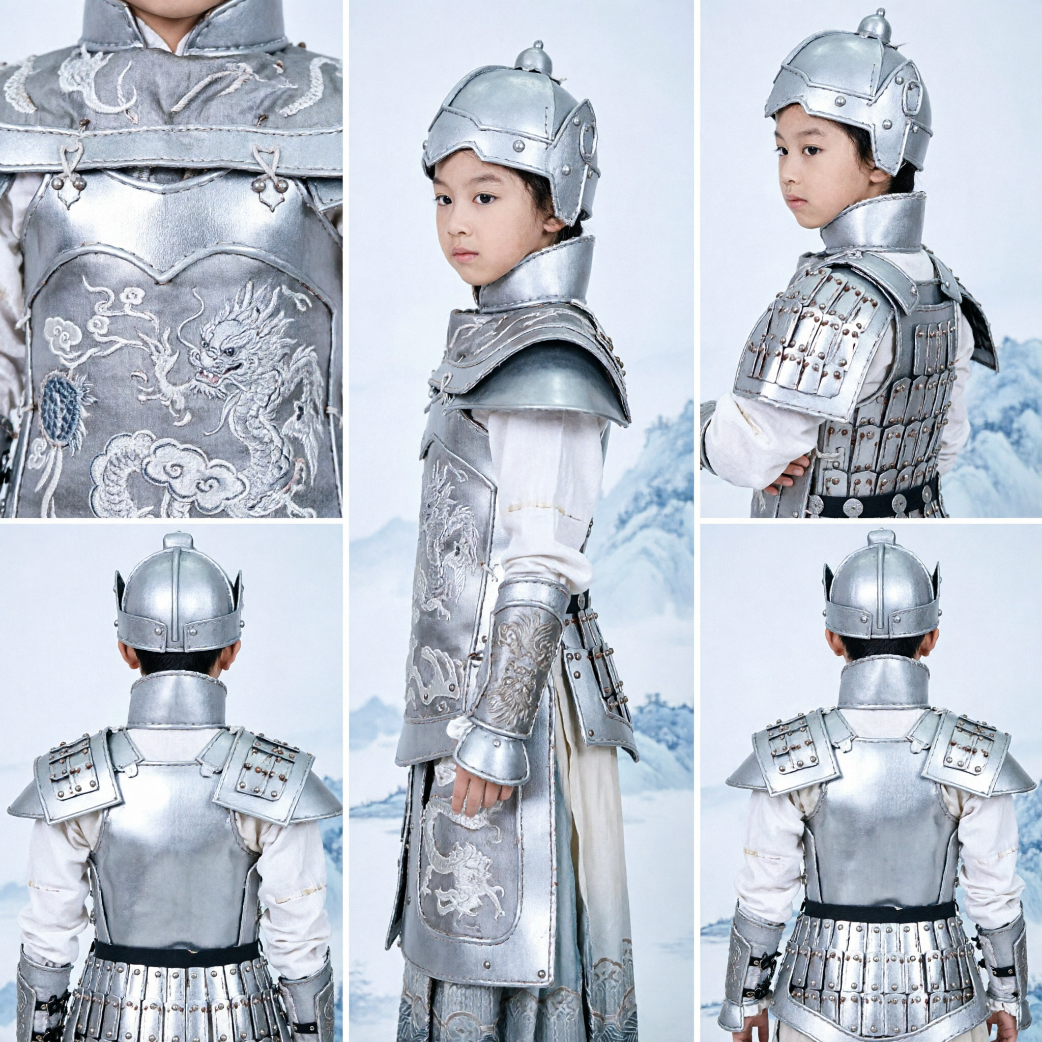 Kids Ancient Chinese General White Armor Costume Traditional Warrior Hanfu for Boys Cosplay Halloween Stage Performance - Asian Costume