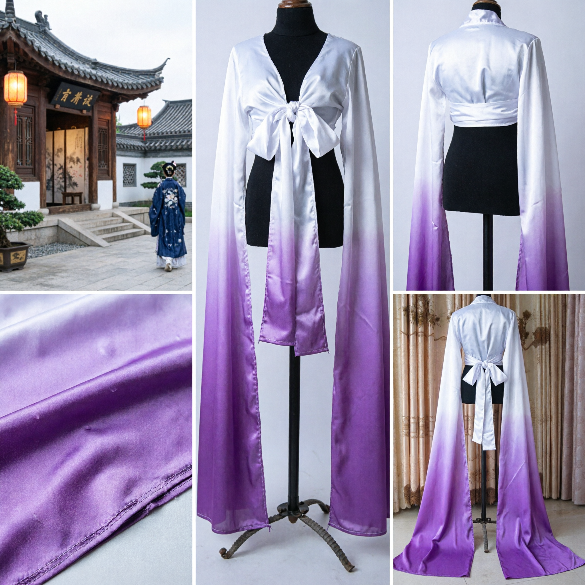 Chinese Traditional Ombre Purple Water Sleeves Silk Shawl for Hanfu Dance Costume and Opera Performance - Asian Costume