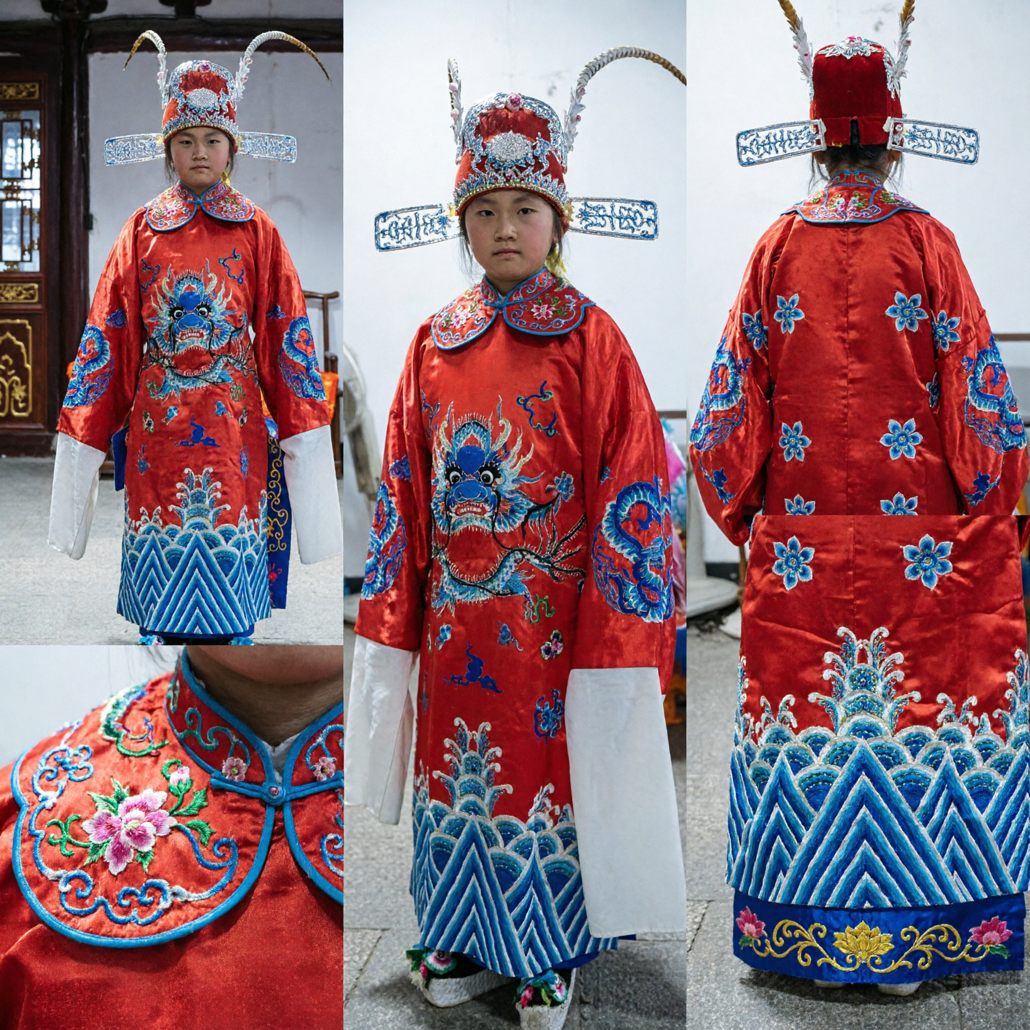 Traditional Chinese Peking Opera Dragon Robe Costume for Kids Red Embroidery Stage Performance Outfit - Asian Costume