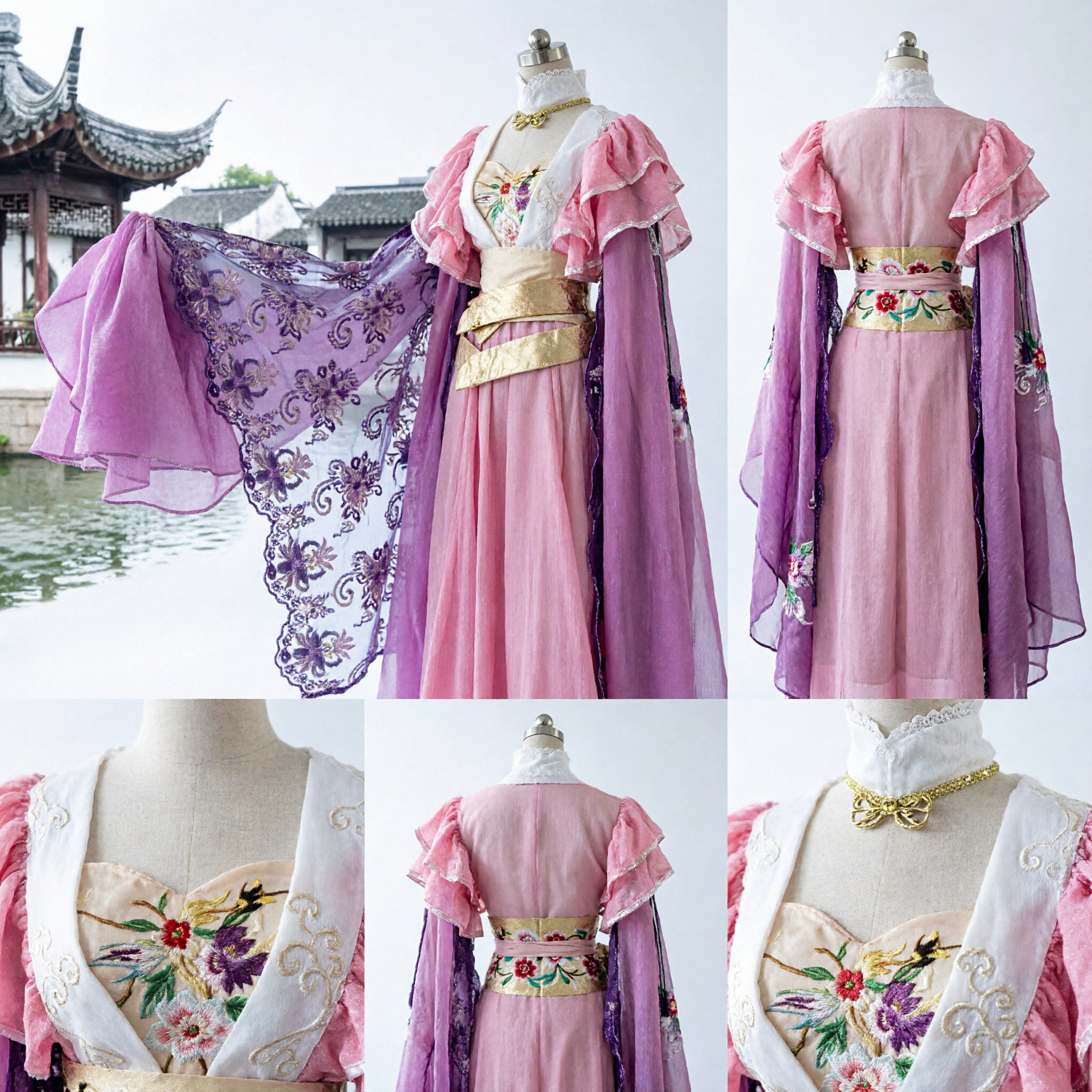 Ancient Chinese Pink Fairy Hanfu Costume Traditional Princess Dress with Purple Sheer Robe for Women Cosplay - Asian Costume