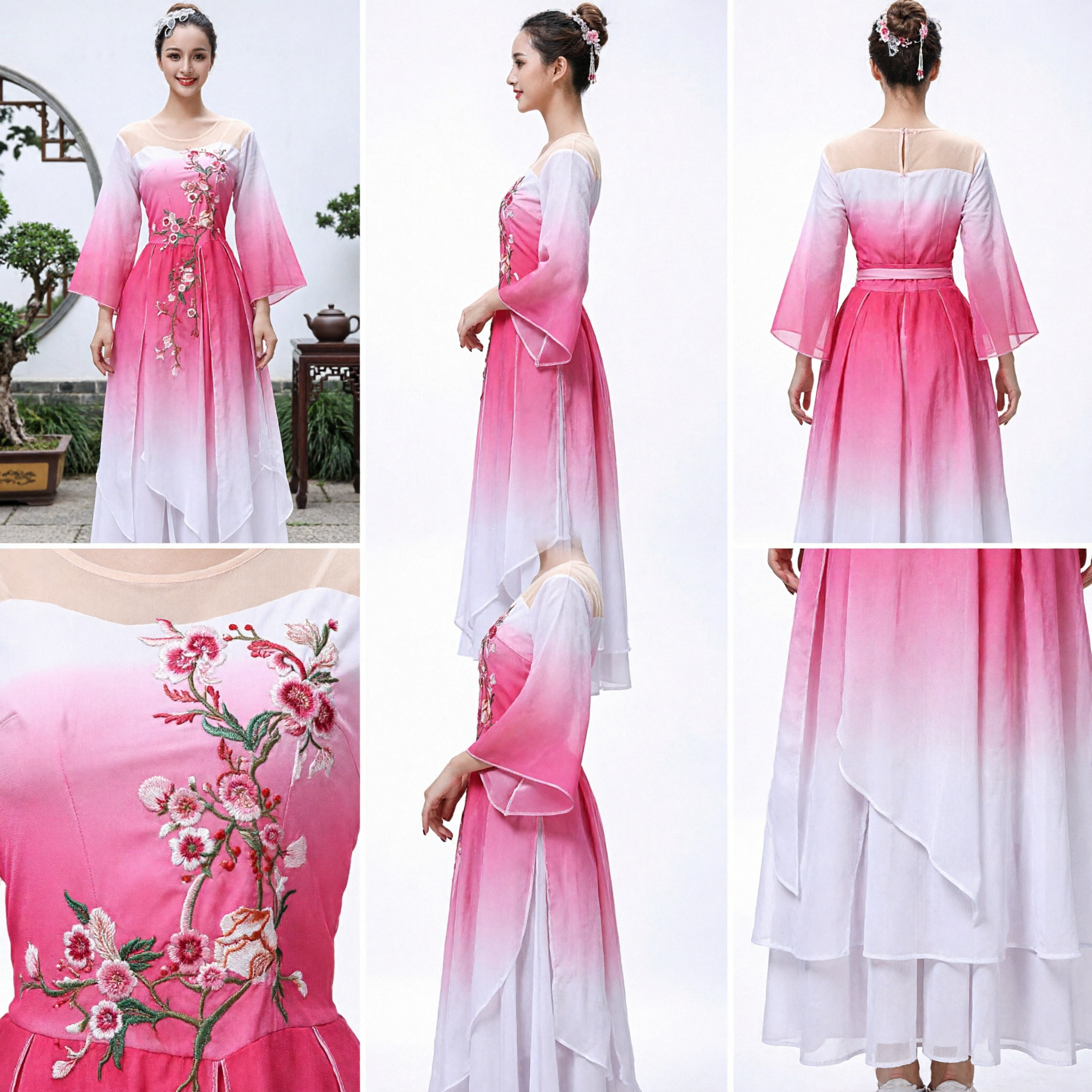 Traditional Chinese Classical Dance Costume Pink Gradient Folk Dress Yangge Stage Performance Outfit for Women - Asian Costume