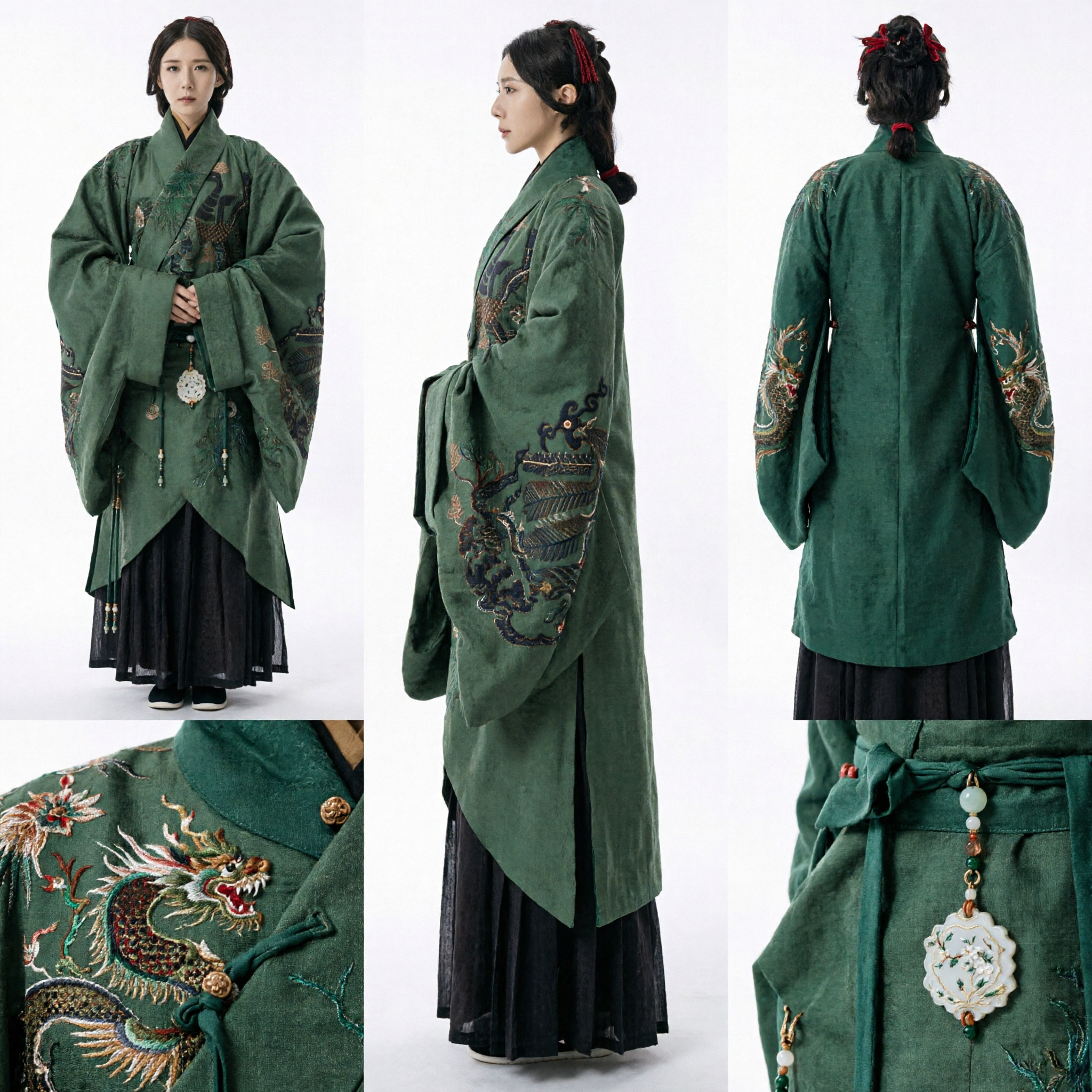 Chinese Traditional Hanfu Ancient Noblewoman Costume Dark Green Embroidered Wide Sleeve Robe for Women - Asian Costume