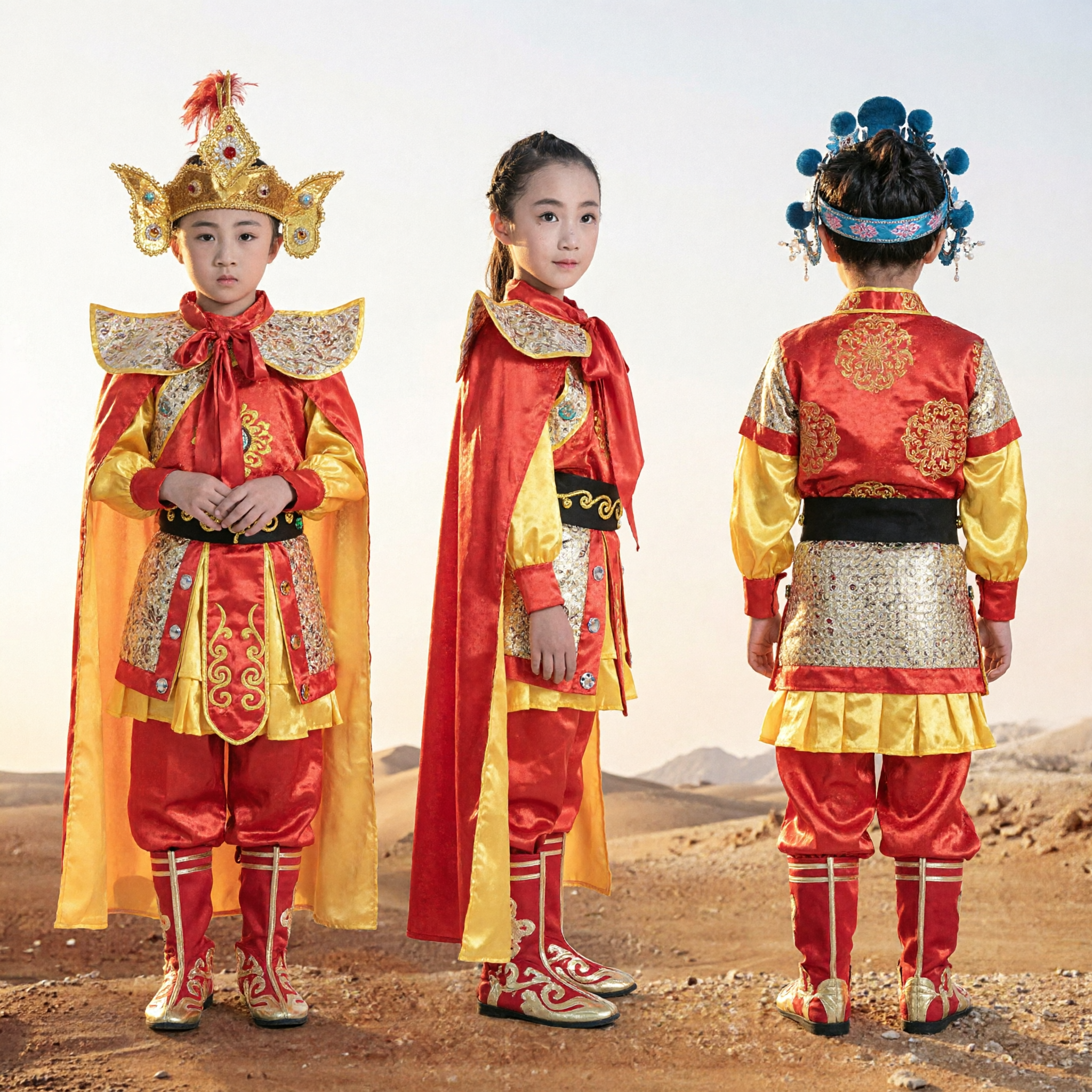 Kids Chinese Traditional Opera General Costume Warrior Stage Performance Outfit with Red Cape and Pheasant Headdress - Asian Costume