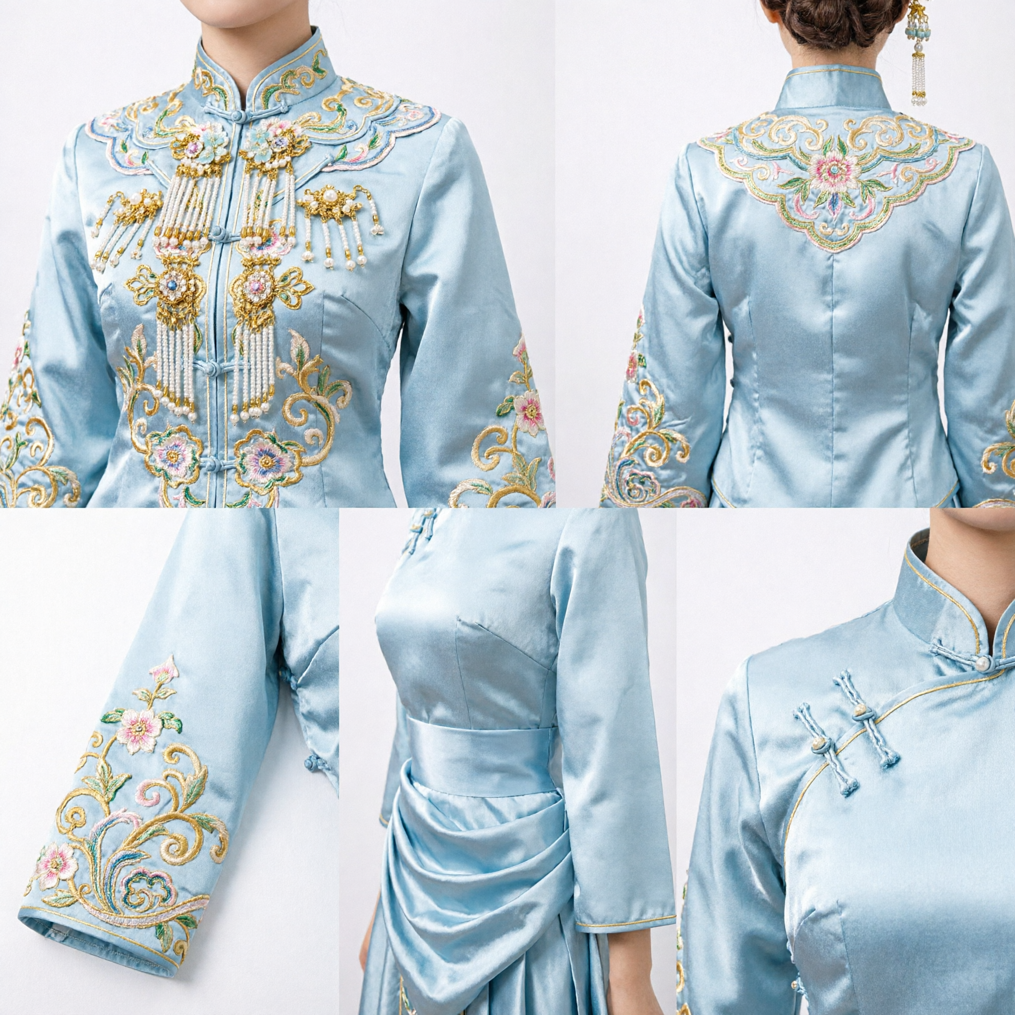 Exquisite Chinese Traditional Hanfu Hair Accessories Set Gold Filigree Blue Floral Hairpins for Wedding Bridal - Asian Costume