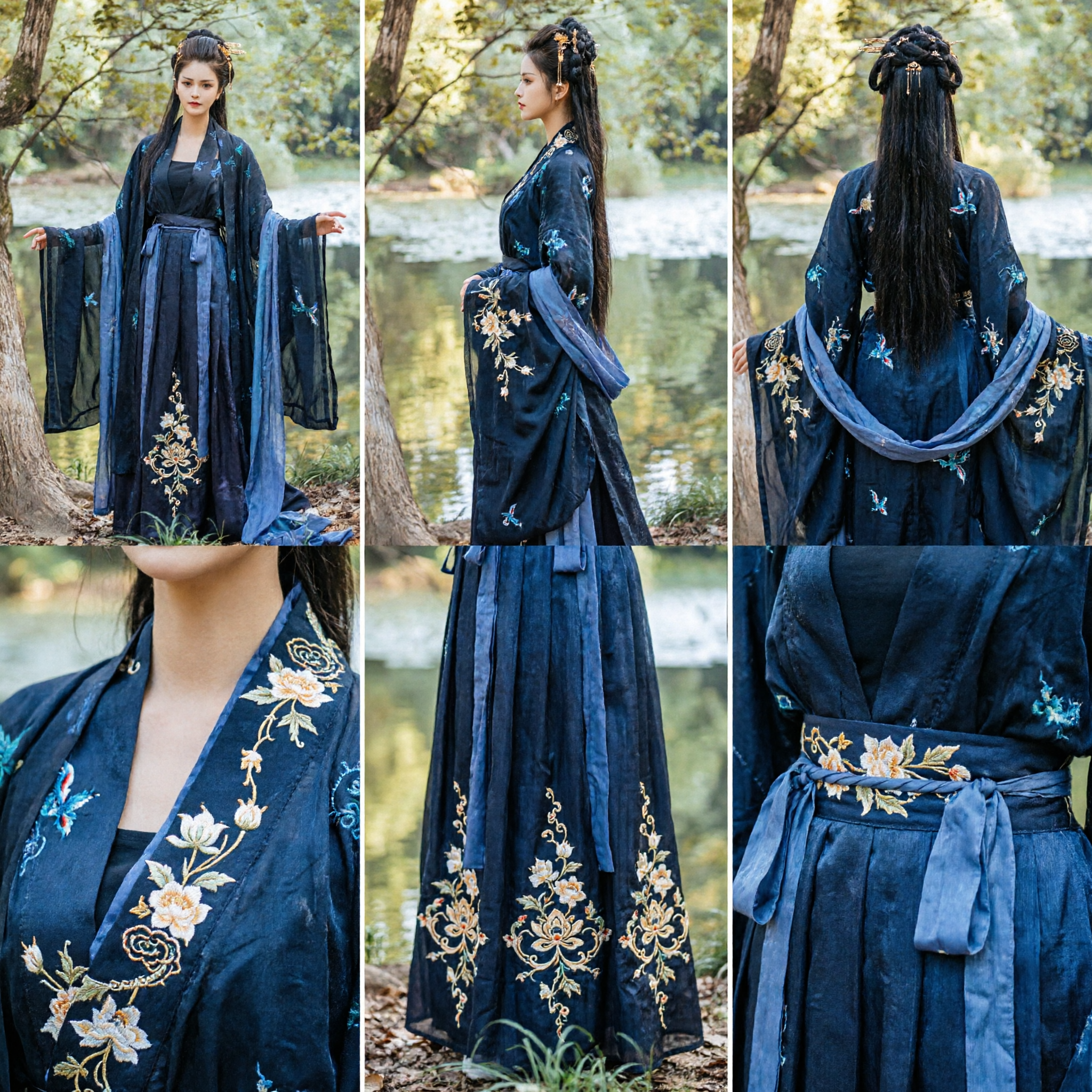 Elegant Dark Blue Ancient Chinese Hanfu Dress Tang Dynasty Princess Costume for Women Cosplay - Asian Costume