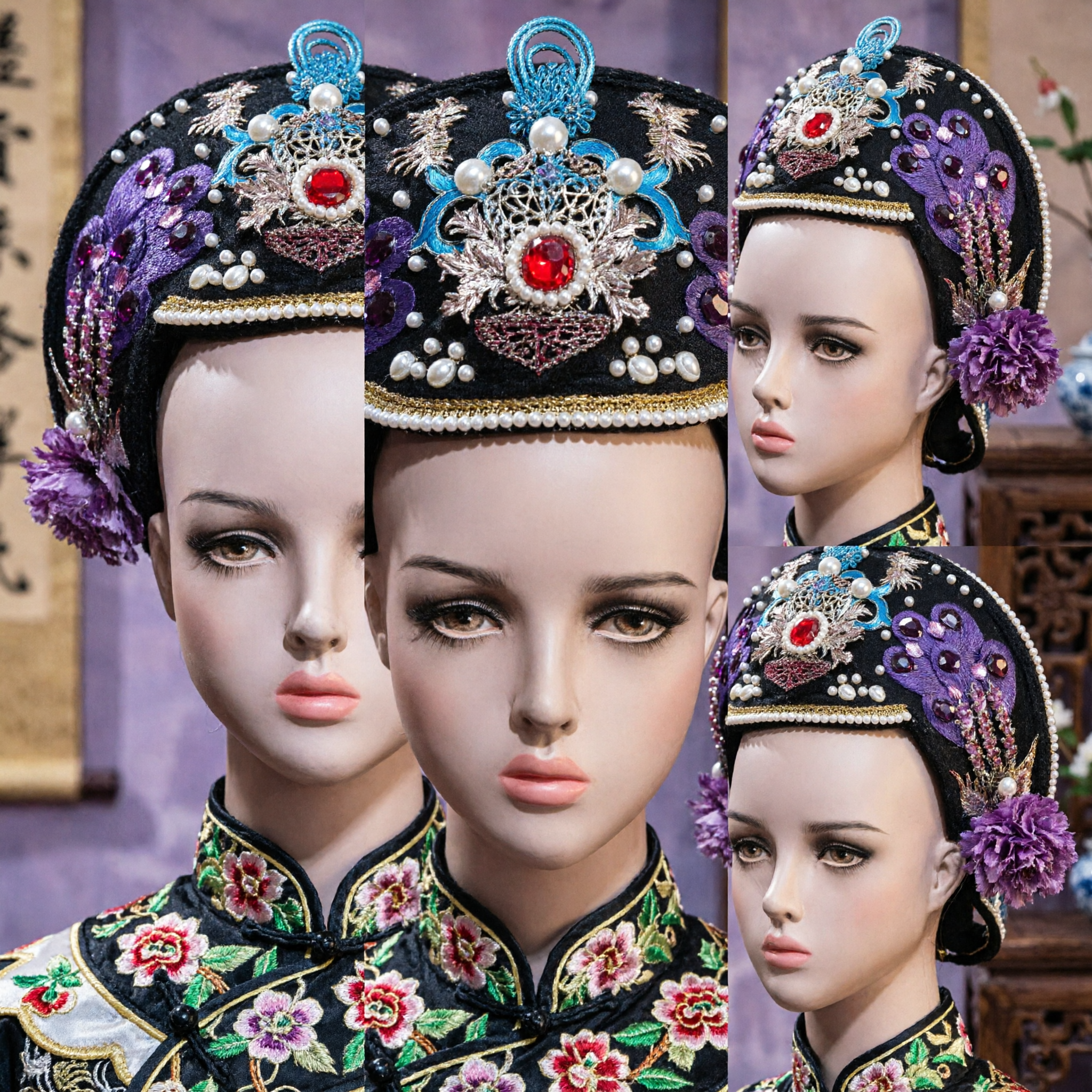 Traditional Chinese Qing Dynasty Manchu Princess Headdress Black Crown with Purple Flowers and Pearls for Costume Drama - Asian Costume