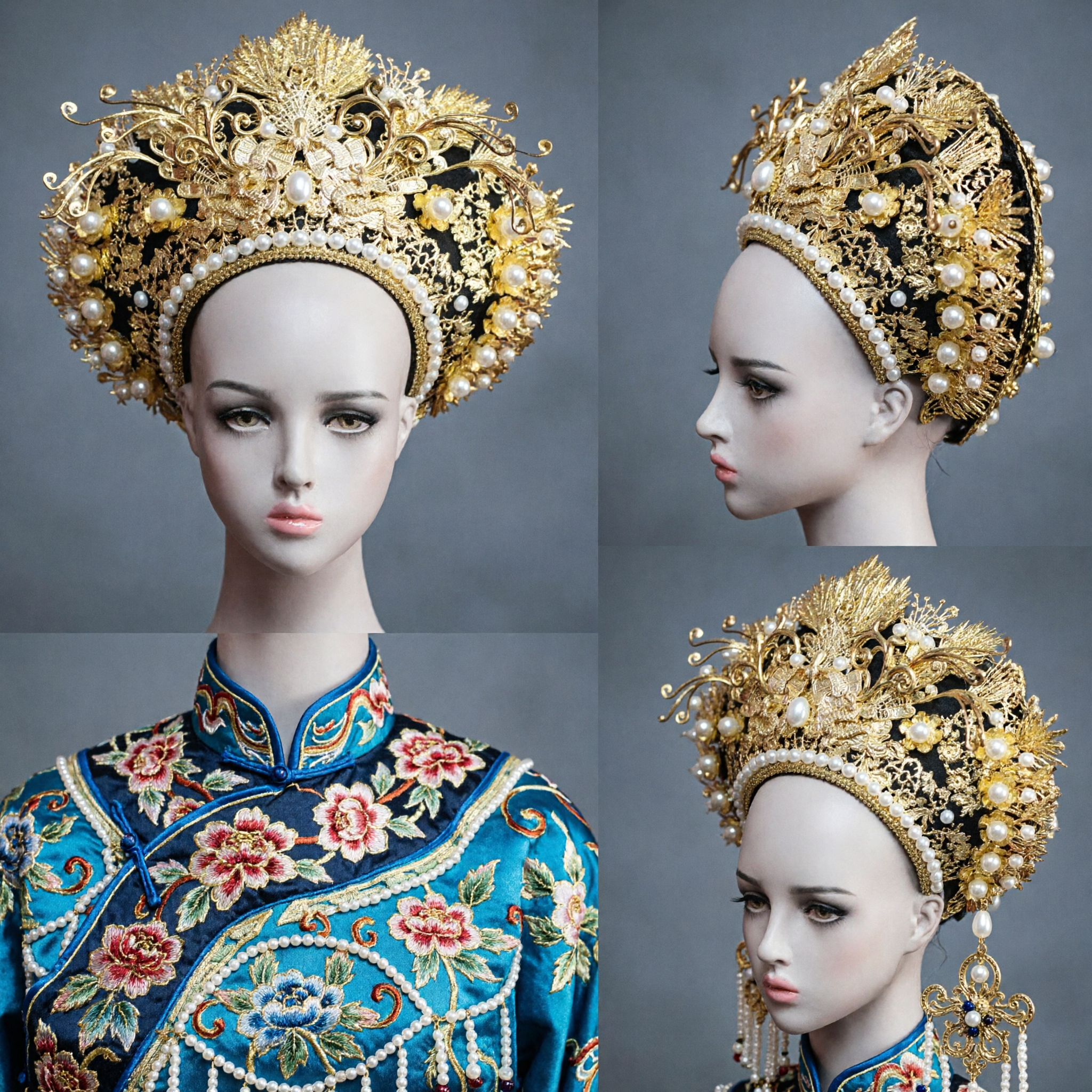 Exquisite Chinese Traditional Gold Phoenix Crown Pearl Wedding Headdress for Ancient Hanfu Bride Costume Accessories - Asian Costume