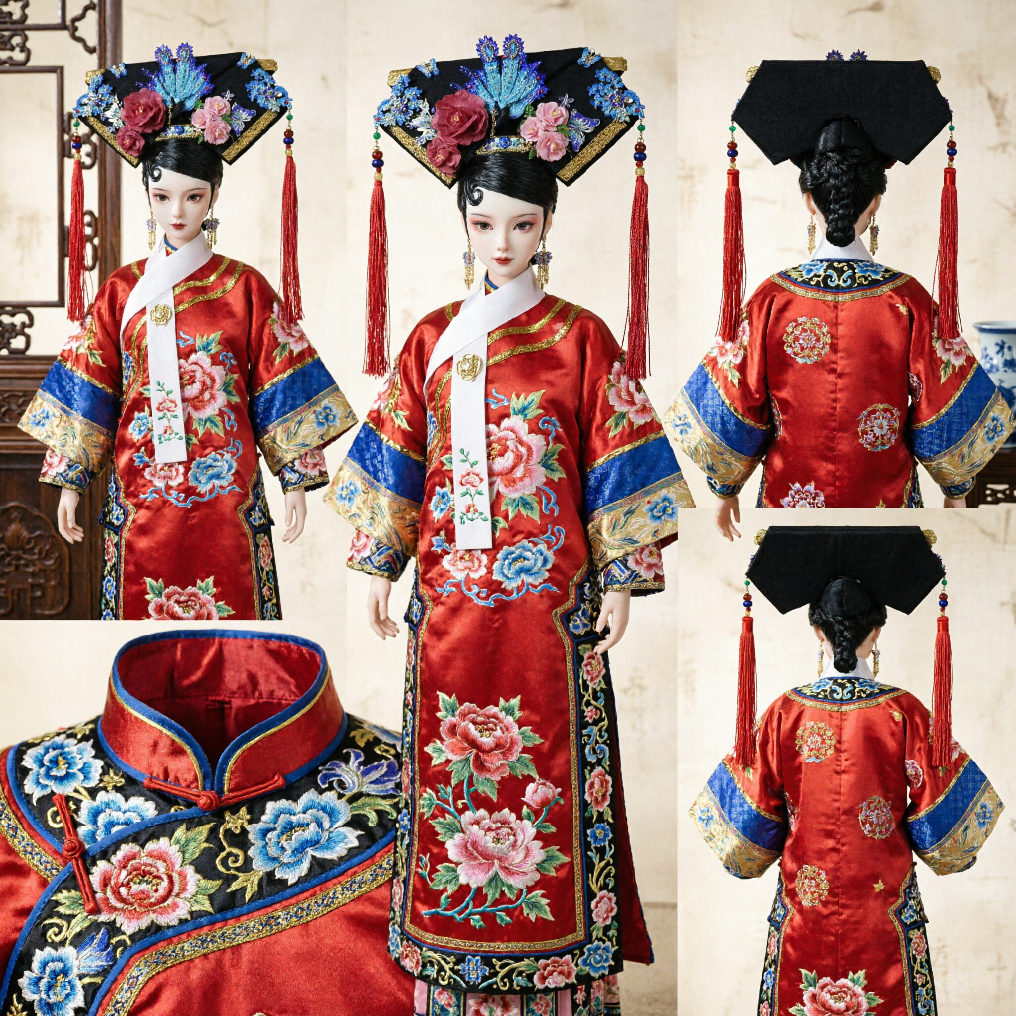 Traditional Chinese Qing Dynasty Empress Phoenix Headdress with Floral Ornaments and Red Tassels for Woman Costume Cosplay - Asian Costume