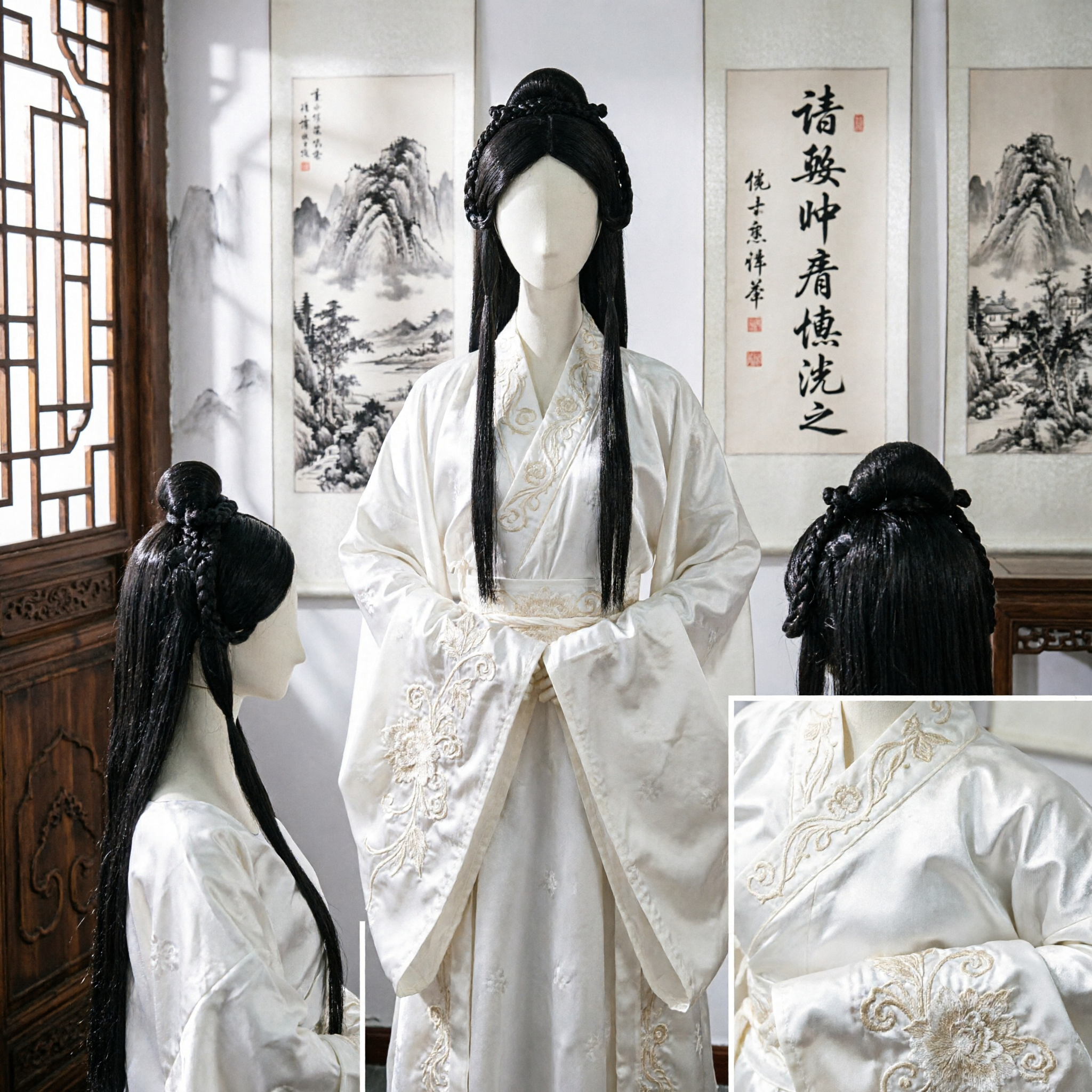 Ancient Chinese Historical Drama Wig Black Braided Bun Hairpiece for Hanfu Cosplay Costume Accessories - Asian Costume