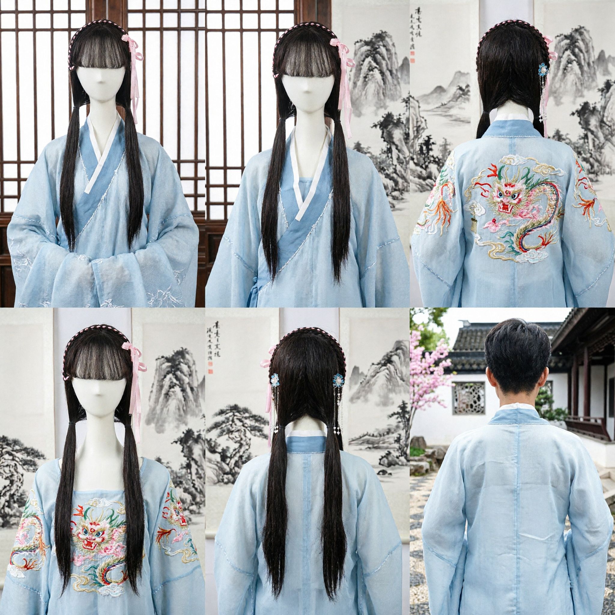 Traditional Chinese Ancient Style Wig Long Black Hair with Floral Headband for Hanfu Cosplay - Asian Costume