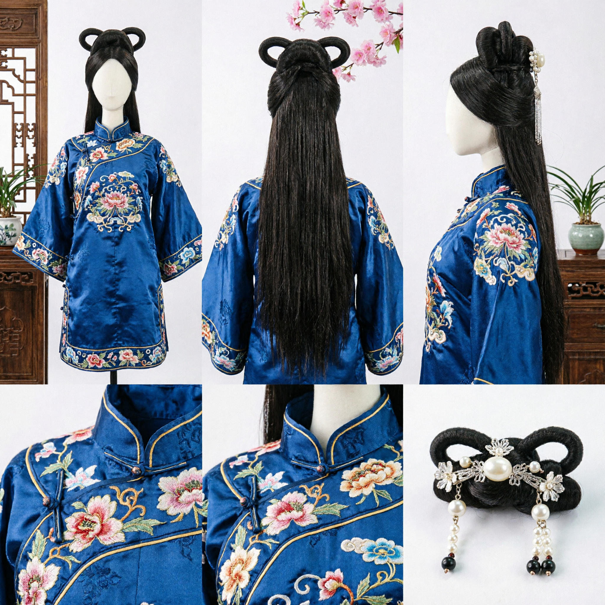 Traditional Chinese Ancient Princess Wig Hanfu Hairpiece with Double Loop Buns for Women Cosplay - Asian Costume