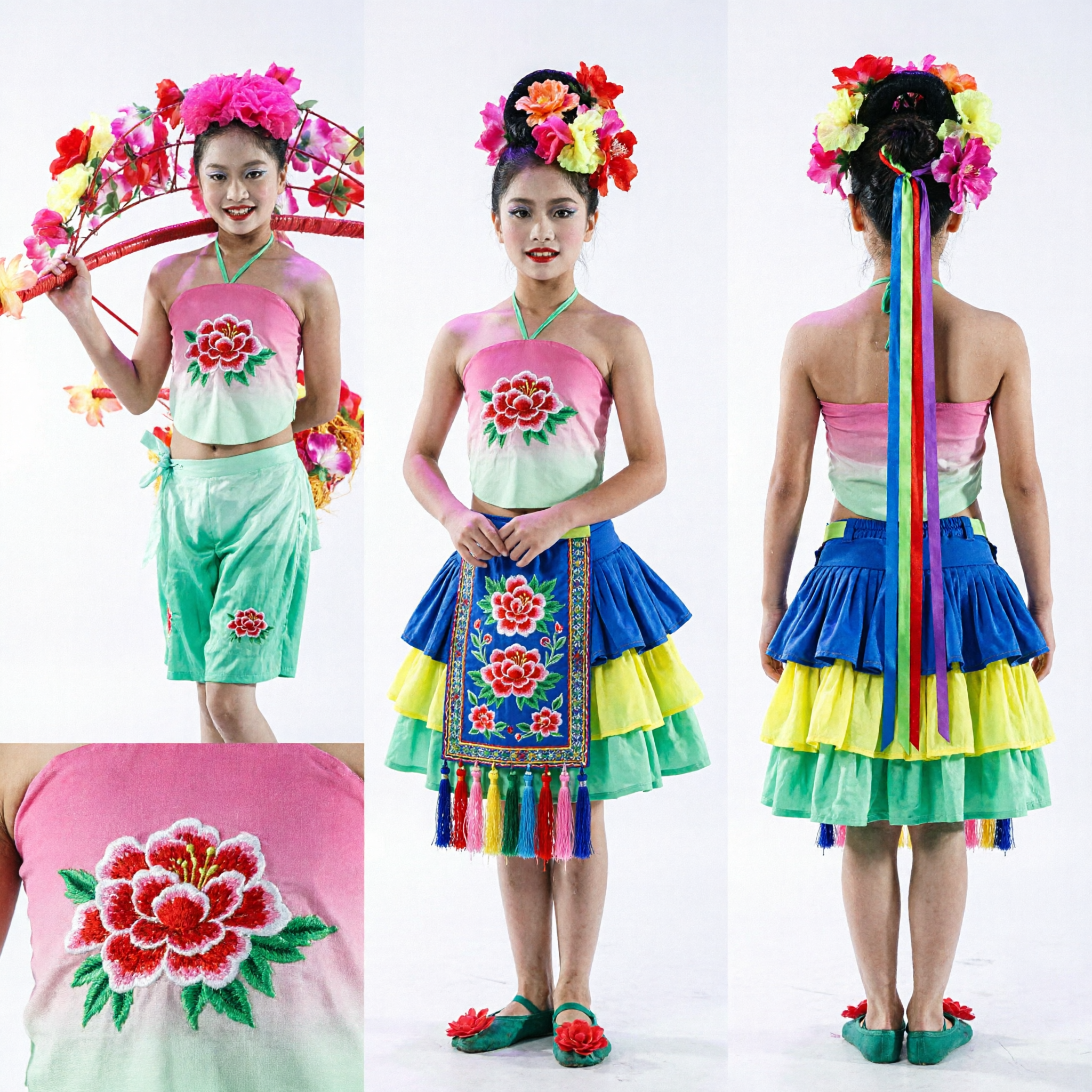 Chinese Traditional Folk Dance Costume for Girls Yangge Flower Dance Performance Stage Outfit - Asian Costume