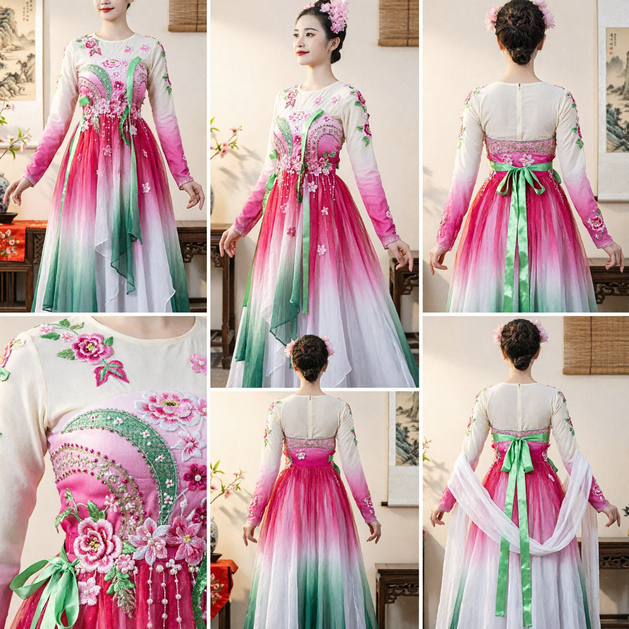 Traditional Chinese Classical Dance Costume Women Pink Gradient Floral Embroidery Long Sleeve Stage Performance Dress - Asian Costume