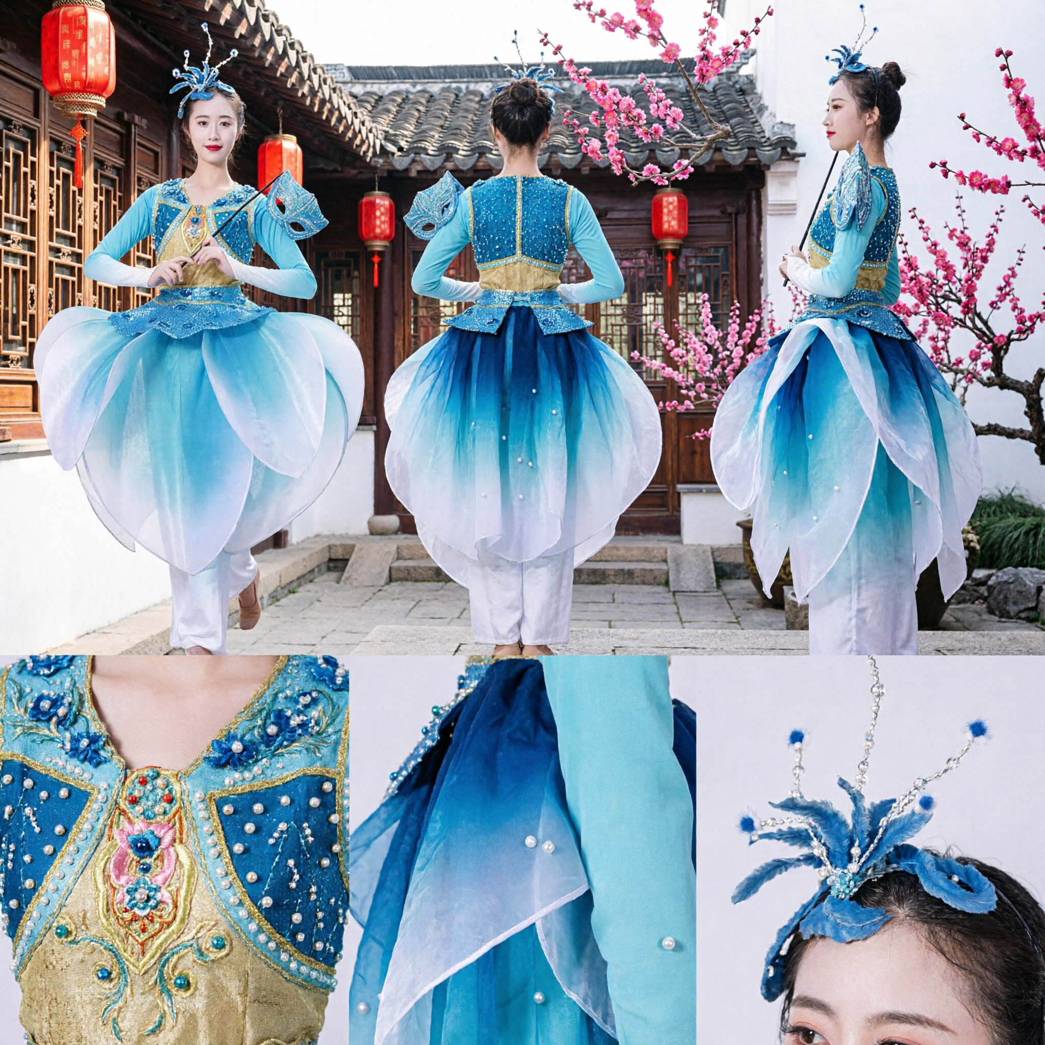 Blue Peacock Dance Costume Women Chinese Classical Folk Dance Stage Performance Dress with Fan and Headpiece - Asian Costume