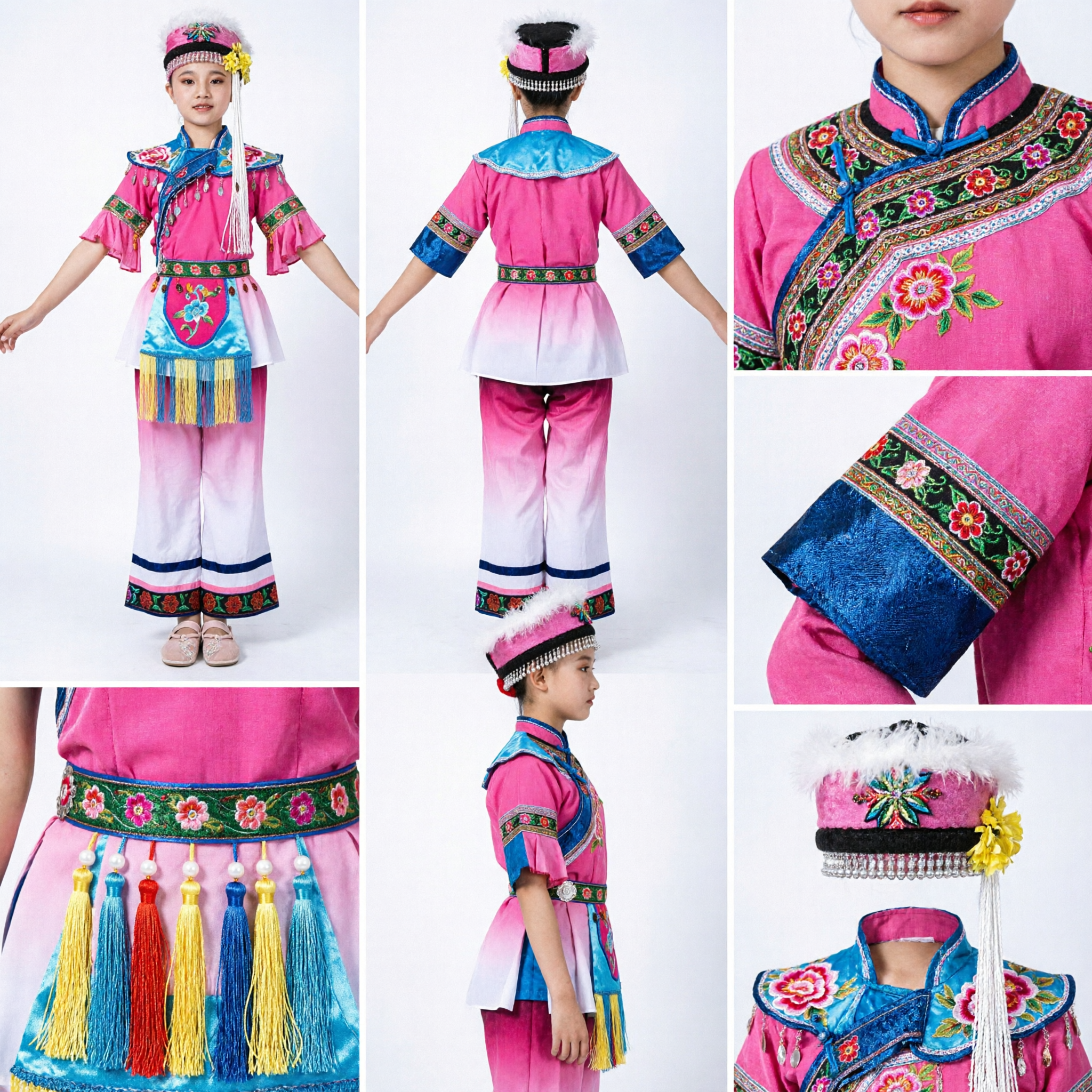 Chinese Ethnic Minority Dance Costume for Girls Traditional Folk Stage Performance Outfit with Headdress - Asian Costume