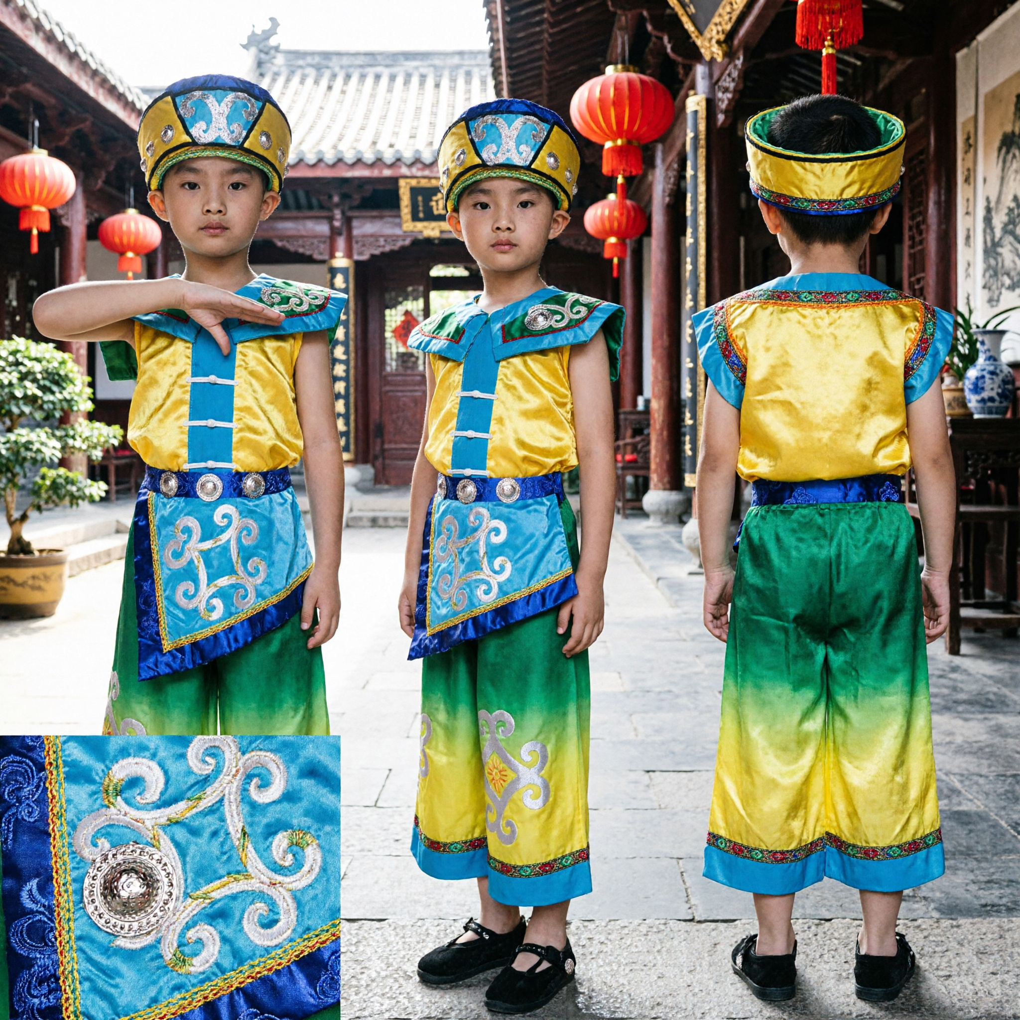 Chinese Traditional Mongolian Dance Costume for Girls Kids Ethnic Minority Stage Performance Yellow Blue Outfit - Asian Costume