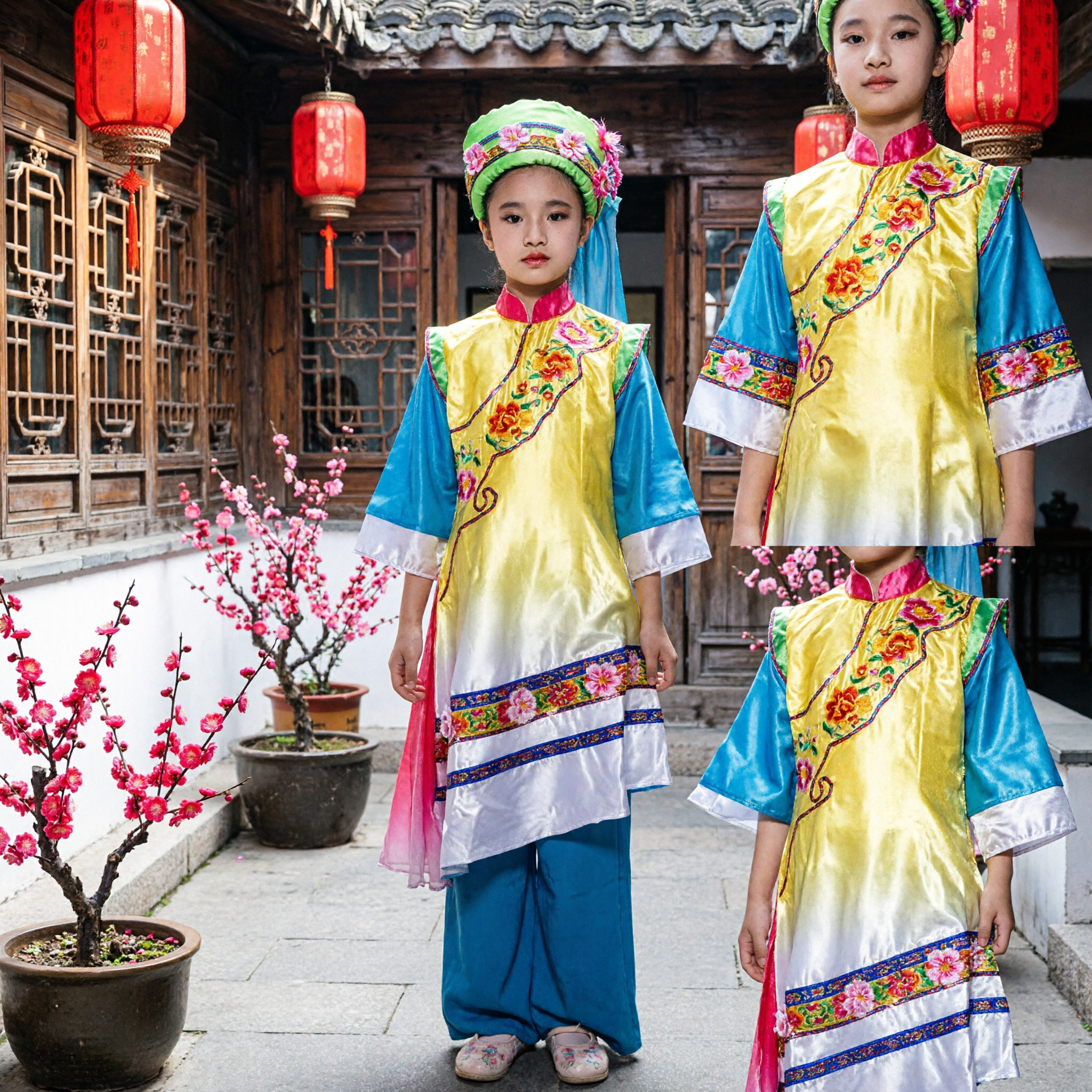 Traditional Chinese Ethnic Minority Folk Dance Costume for Girls Yellow Blue Stage Performance Outfit - Asian Costume