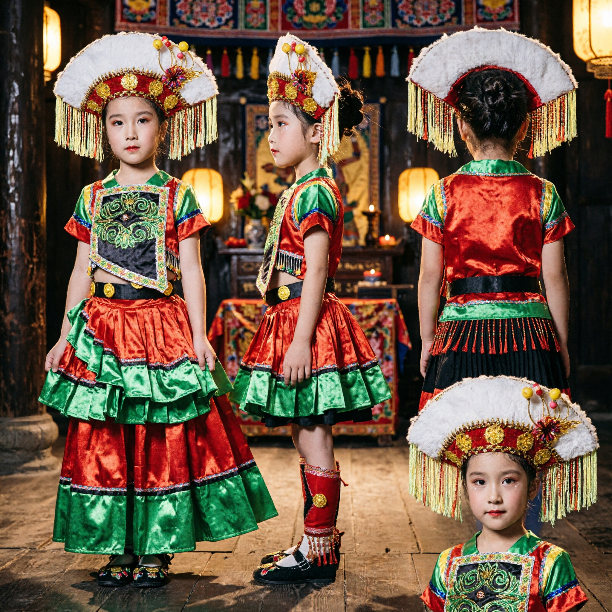 Girls Traditional Chinese Mongolian Ethnic Dance Costume Kids Folk Performance Dress Complete Set with Headdress - Asian Costume