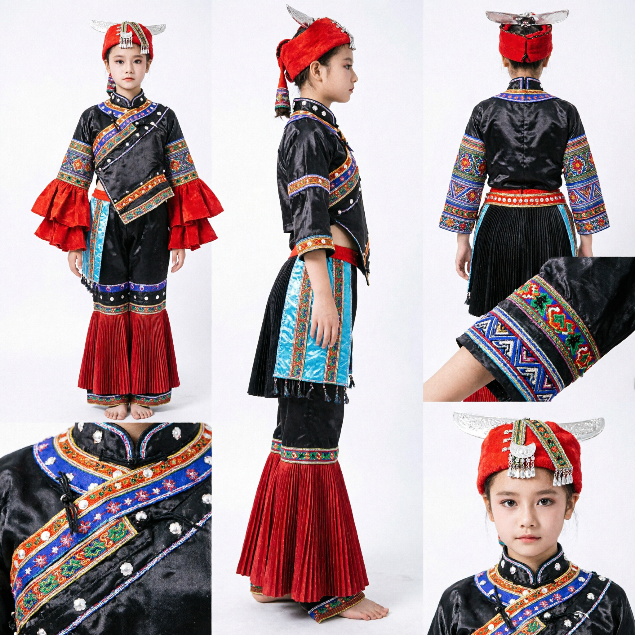 Traditional Chinese Ethnic Folk Dance Costume for Girls Red Black Embroidered Stage Performance Outfit Set with Headdress - Asian Costume