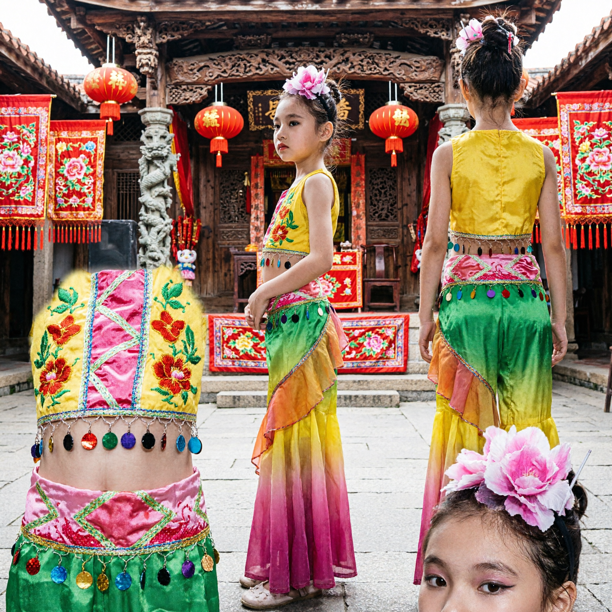 Girls Dai Ethnic Peacock Dance Costume Kids Folk Stage Performance Dress with Gradient Mermaid Skirt Set - Asian Costume