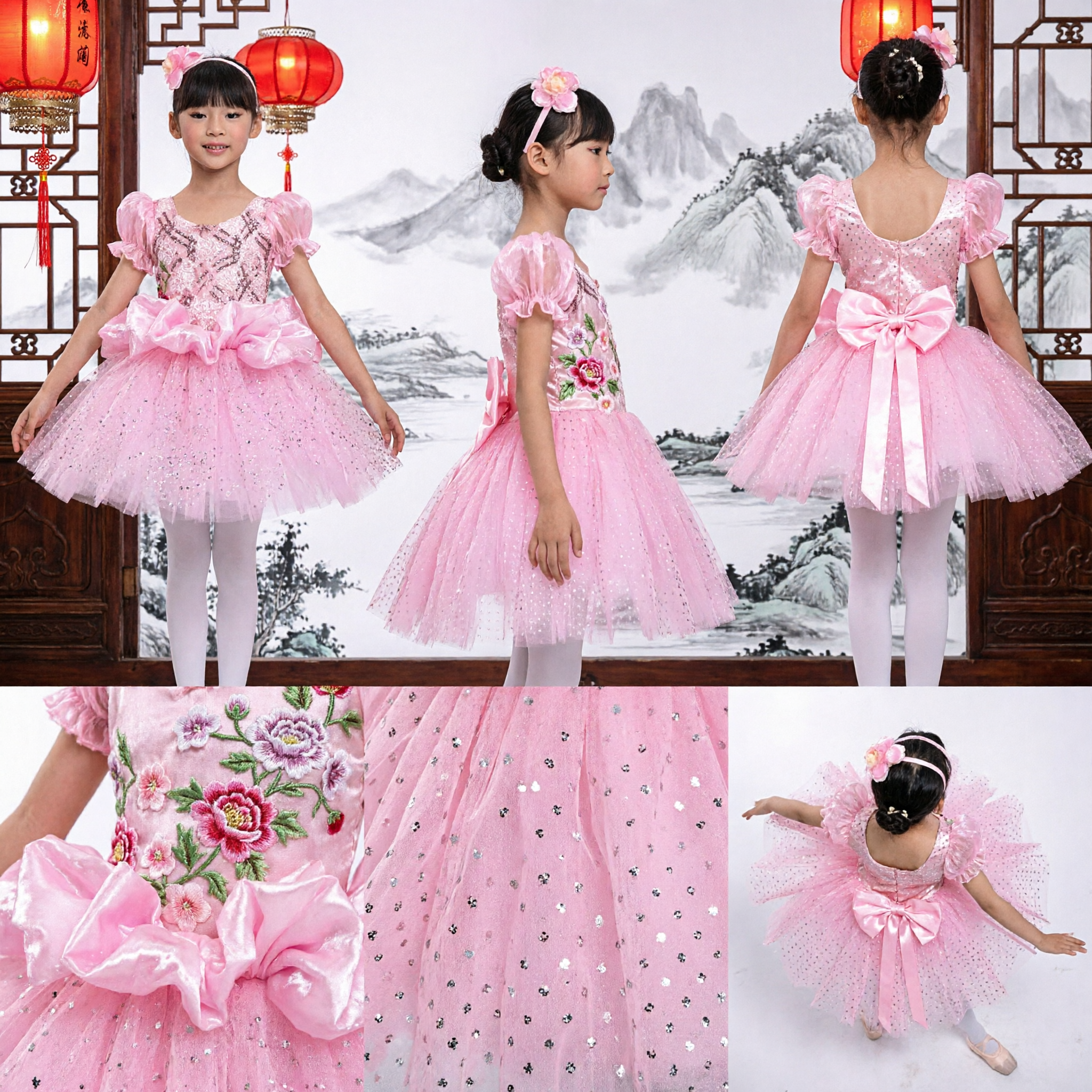 Girls Pink Sparkle Ballet Tutu Dress Kids Dance Costume with Puffy Sleeves for Stage Performance - Asian Costume