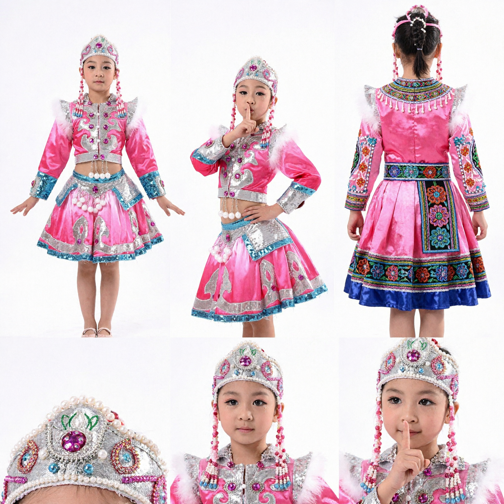 Kids Girls Traditional Chinese Ethnic Dance Costume Pink Silver Mongolian Style Stage Performance Outfit - Asian Costume