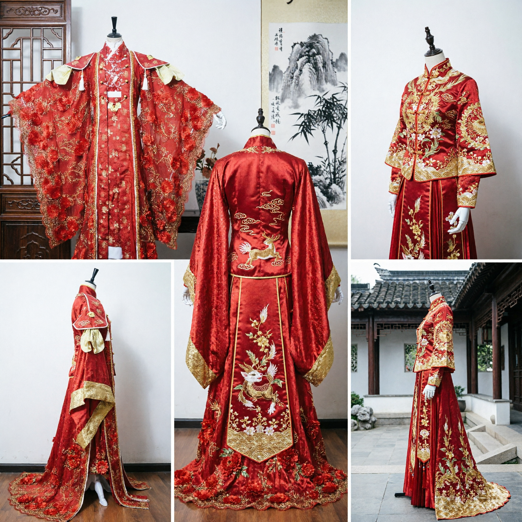 Traditional Chinese Ancient Wedding Dress Red Gold Embroidery Phoenix Robe Hanfu Costume for Women - Asian Costume