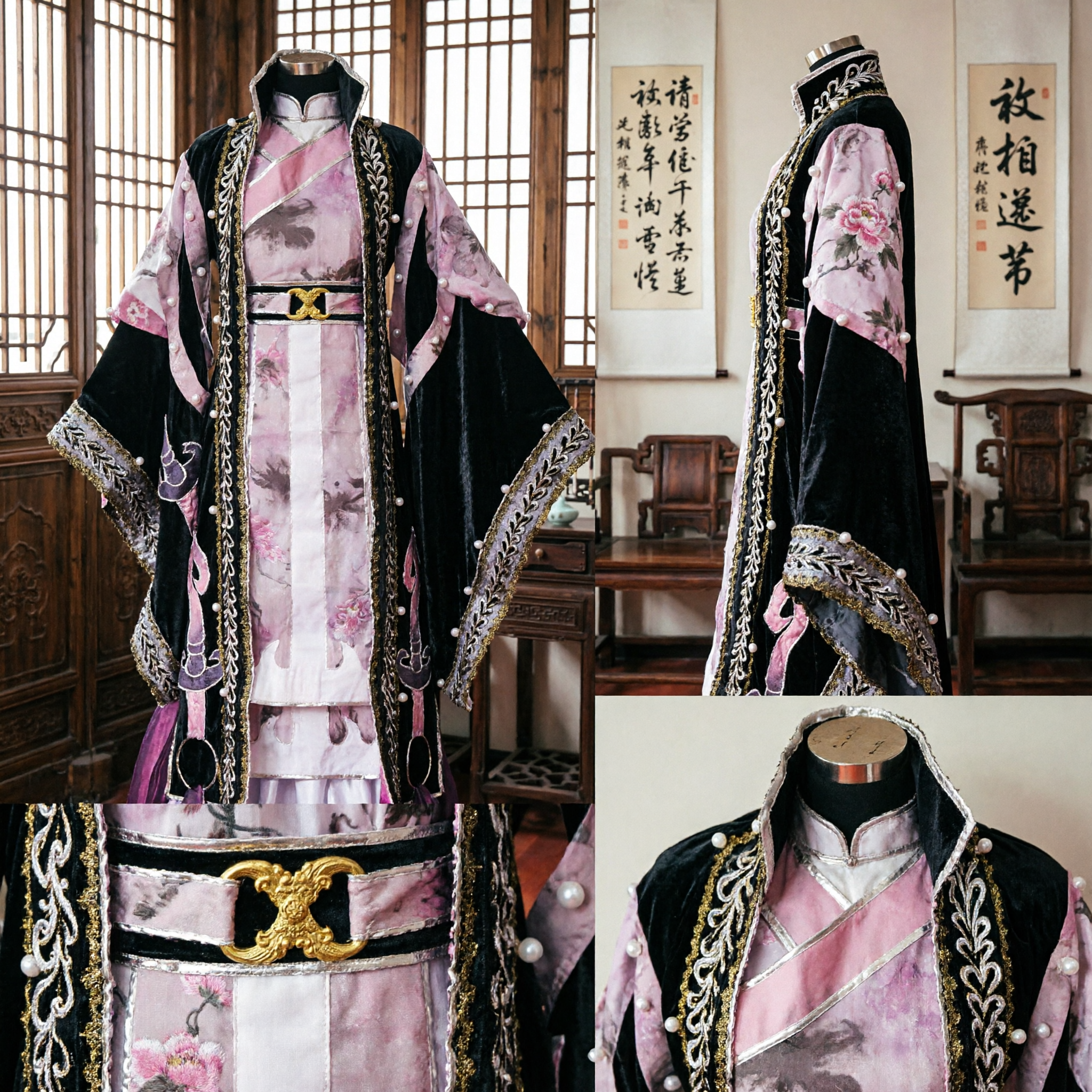 Black and Purple Chinese Hanfu Ancient Swordsman Cosplay Costume Traditional Wuxia Embroidery Clothing for Stage Performance - Asian Costume
