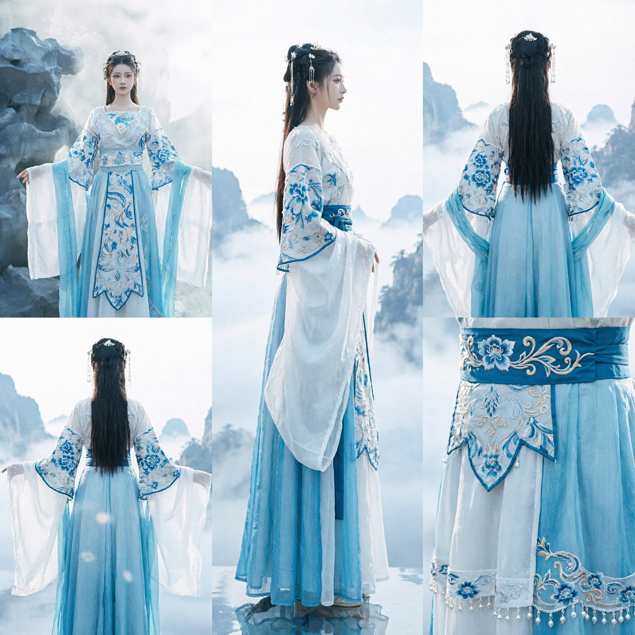 Elegant Blue and White Chinese Hanfu Costume Traditional Fairy Dress with Embroidery for Women Cosplay - Asian Costume