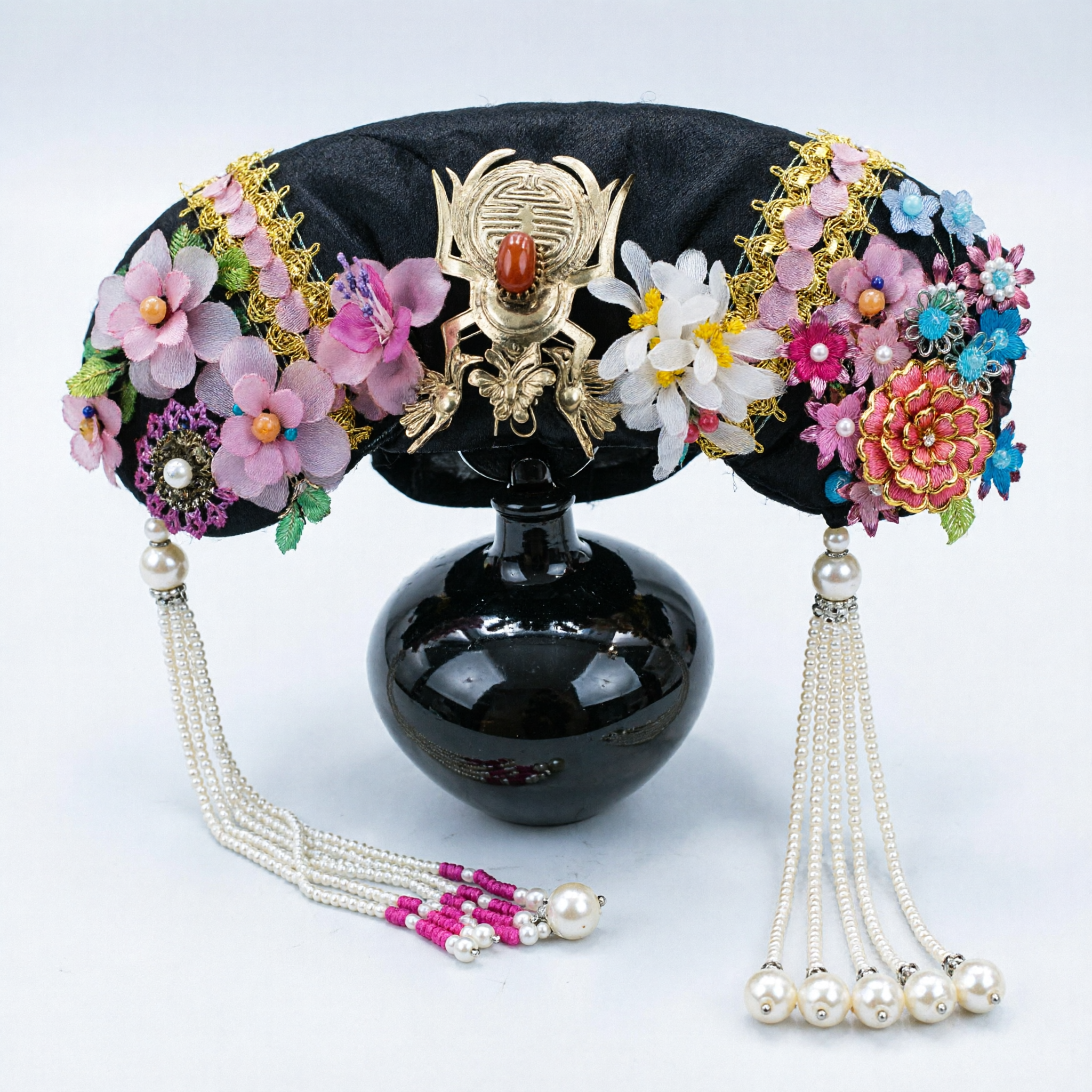 Traditional Chinese Qing Dynasty Manchu Headpiece Ancient Princess Floral Hair Ornament with Tassels for Hanfu - Asian Costume