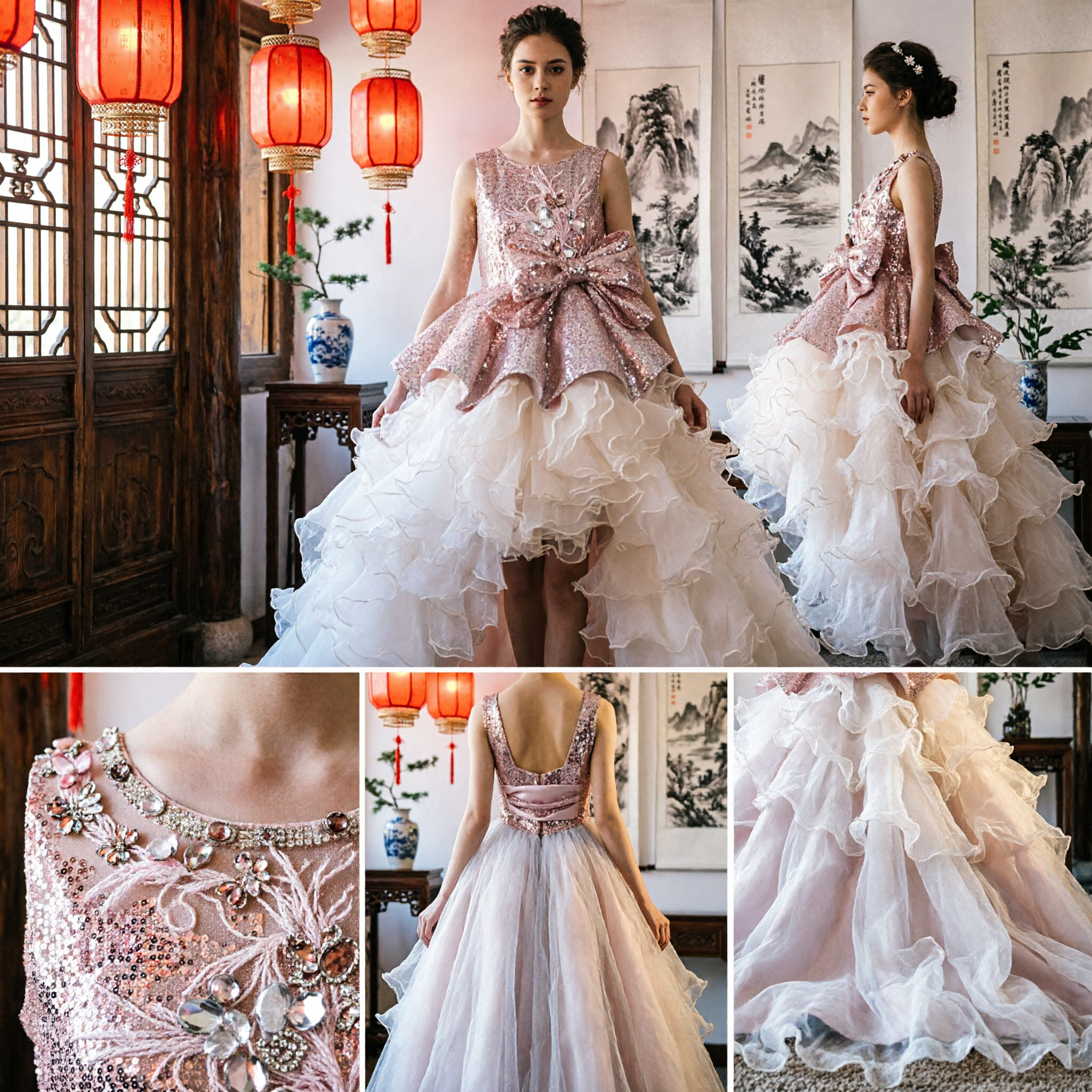 Kids Rose Gold Sequin Peplum Top with Ruffled Mermaid Tail Stage Performance Costume for Girls - Asian Costume