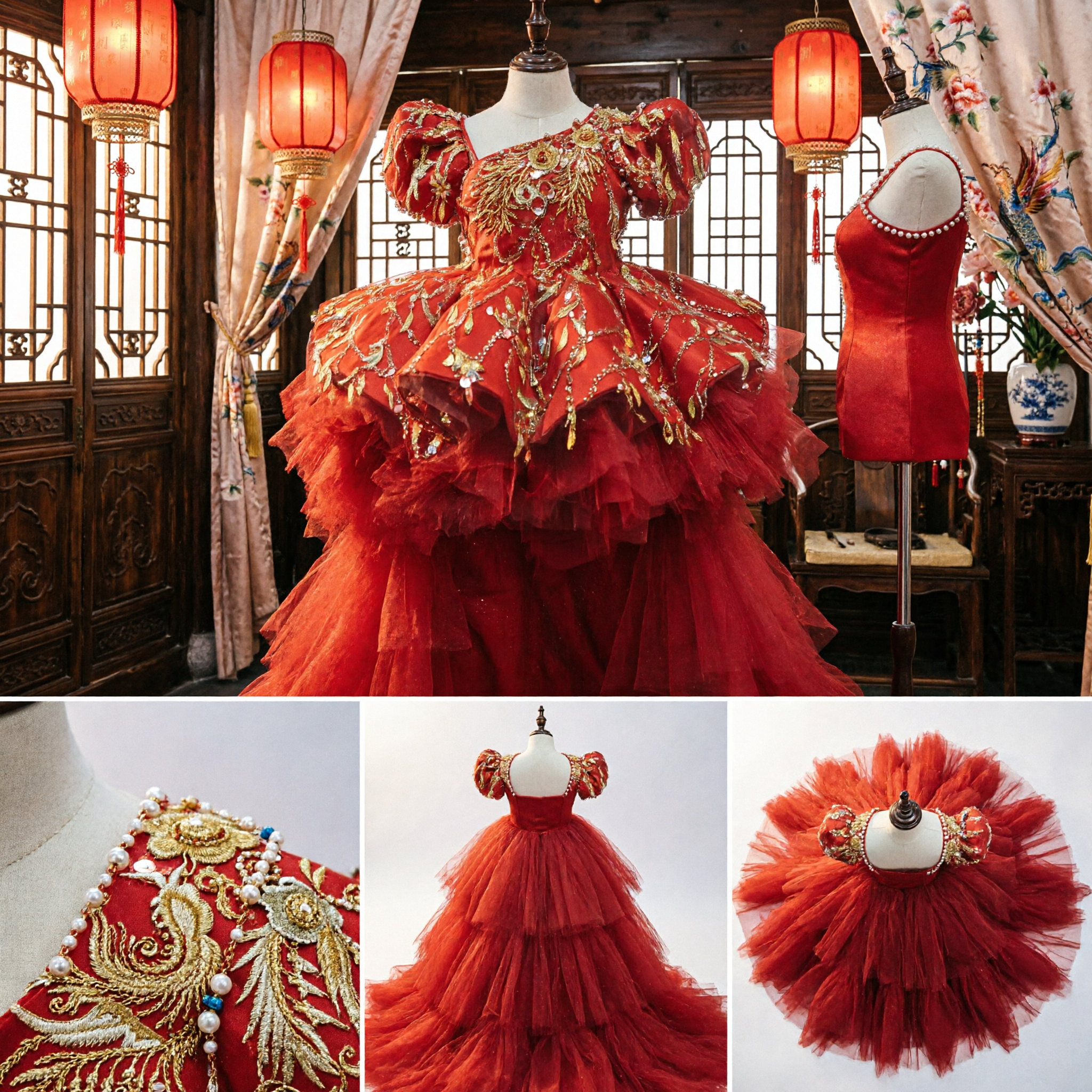 Girls Red One-Shoulder Latin Dance Dress with Gold Sequins and Long Tulle Train for Stage Performance - Asian Costume