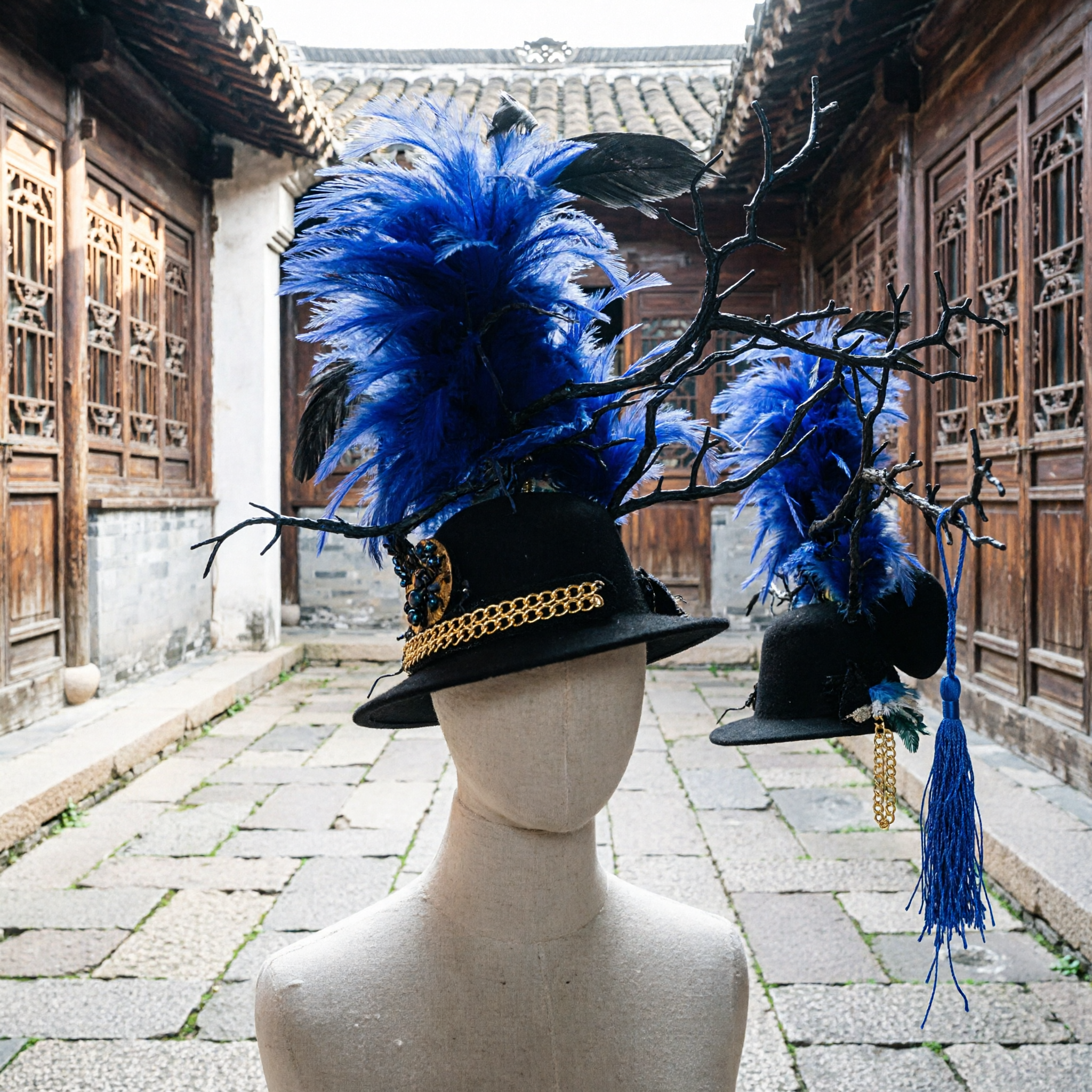 Elaborate Blue Feather and Black Branch Headpiece with Tassel for Theatrical Stage Performance and Carnival Costume - Asian Costume