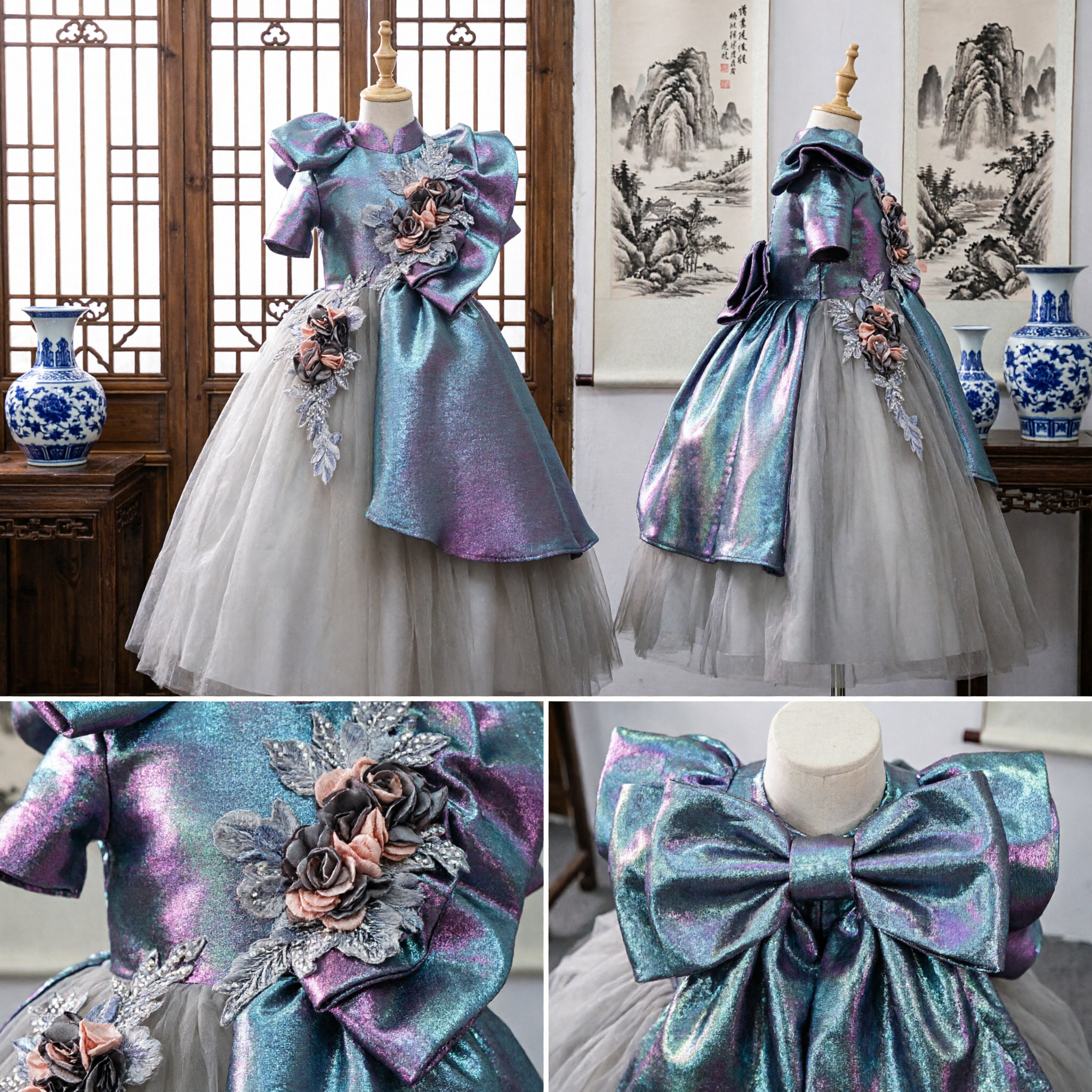 Girls Traditional Chinese Qipao Formal Dress Elegant Wedding Party Gown with Sequin Floral Applique and Tulle Skirt - Asian Costume