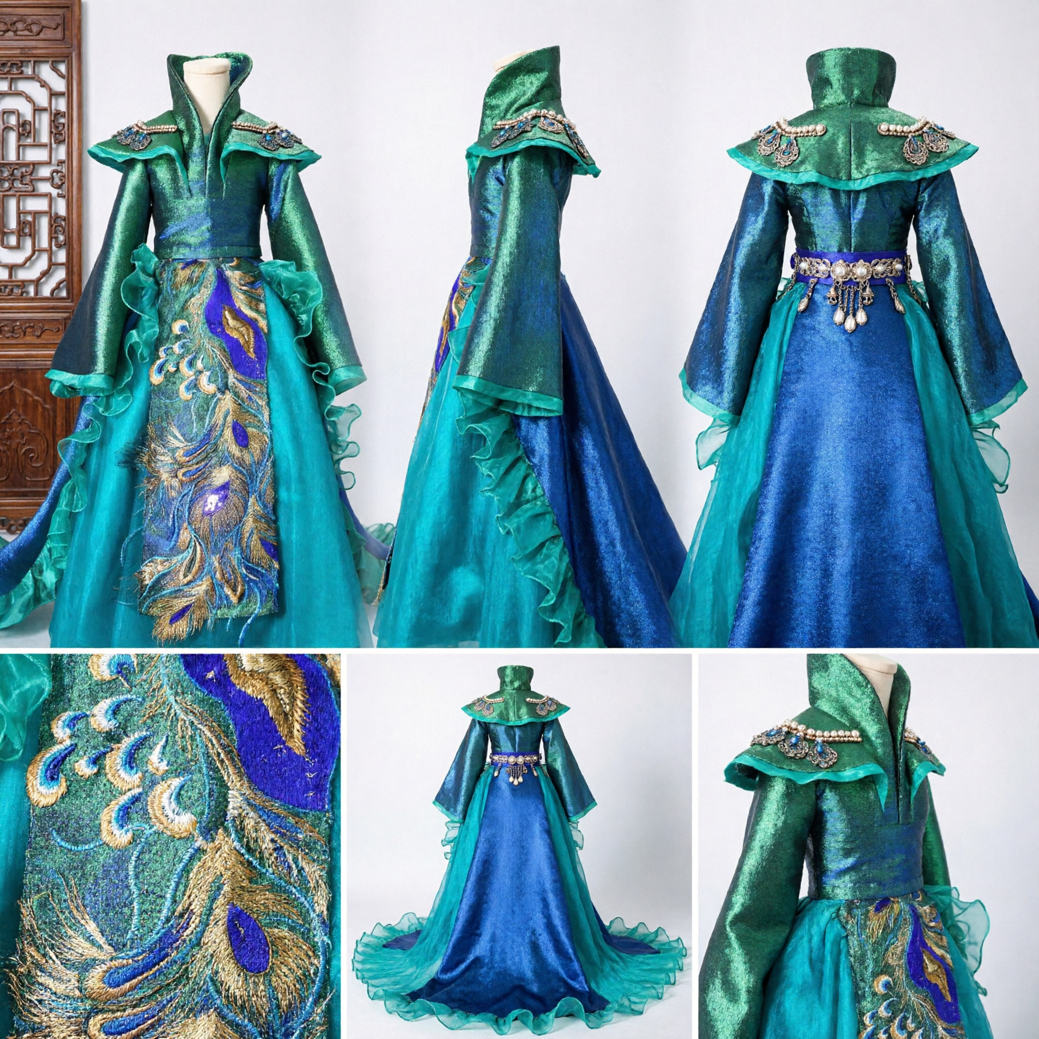 Girls Green Peacock Princess Costume Traditional Chinese Embroidered Dress for Kids Stage Dance Performance - Asian Costume