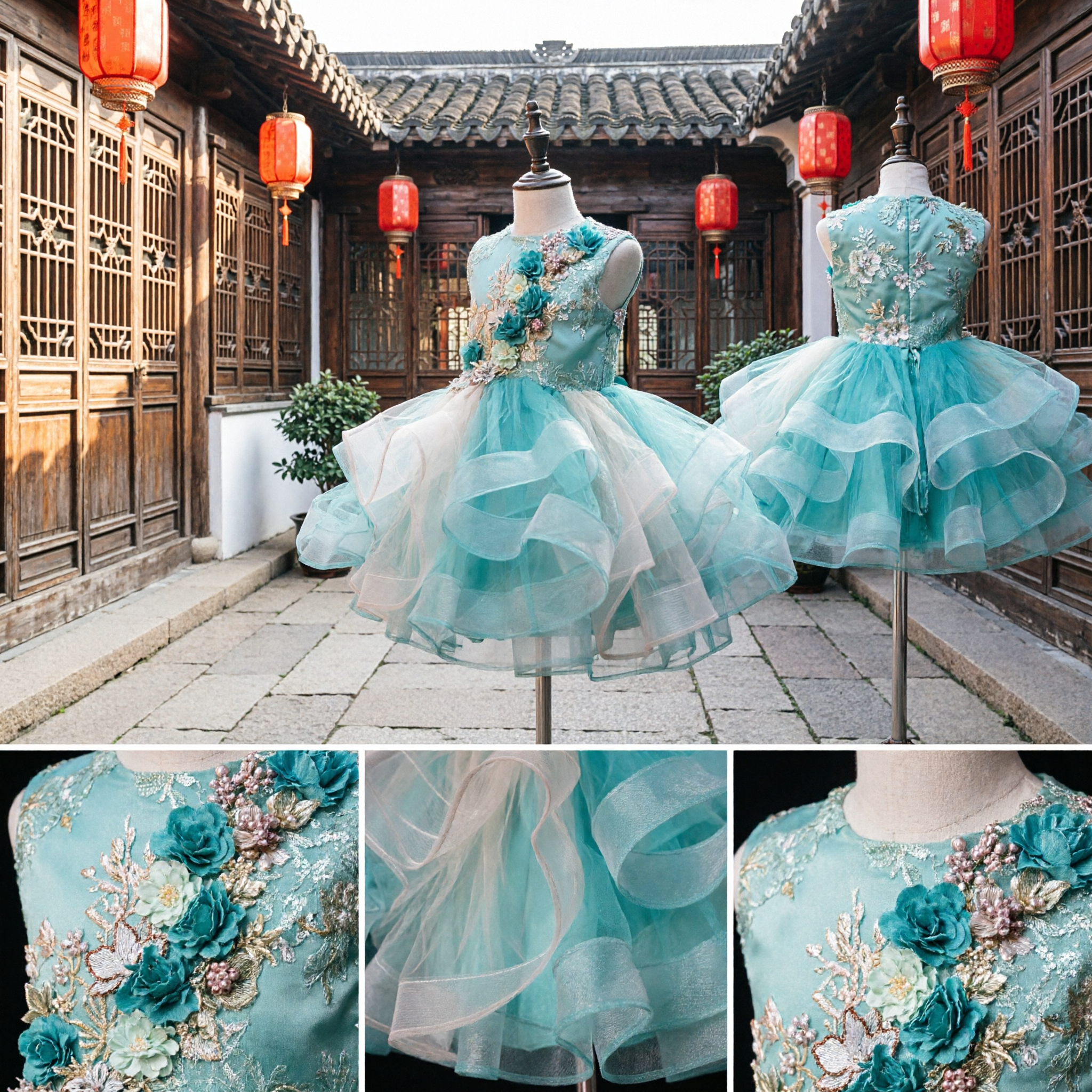 Teal Flower Girl Dress with 3D Floral Applique and Ruffled Tulle Tutu Skirt for Pageant Party - Asian Costume
