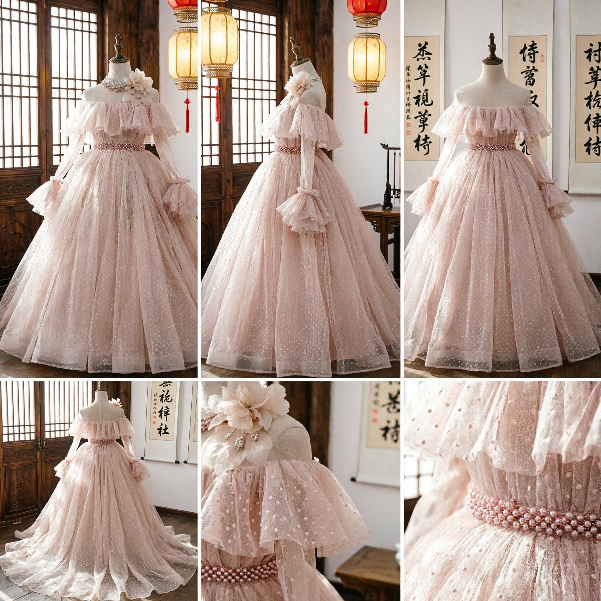 Elegant Pink Tulle Ball Gown Prom Dress with Ruffled Off-Shoulder Sleeves for Wedding and Quinceañera - Asian Costume