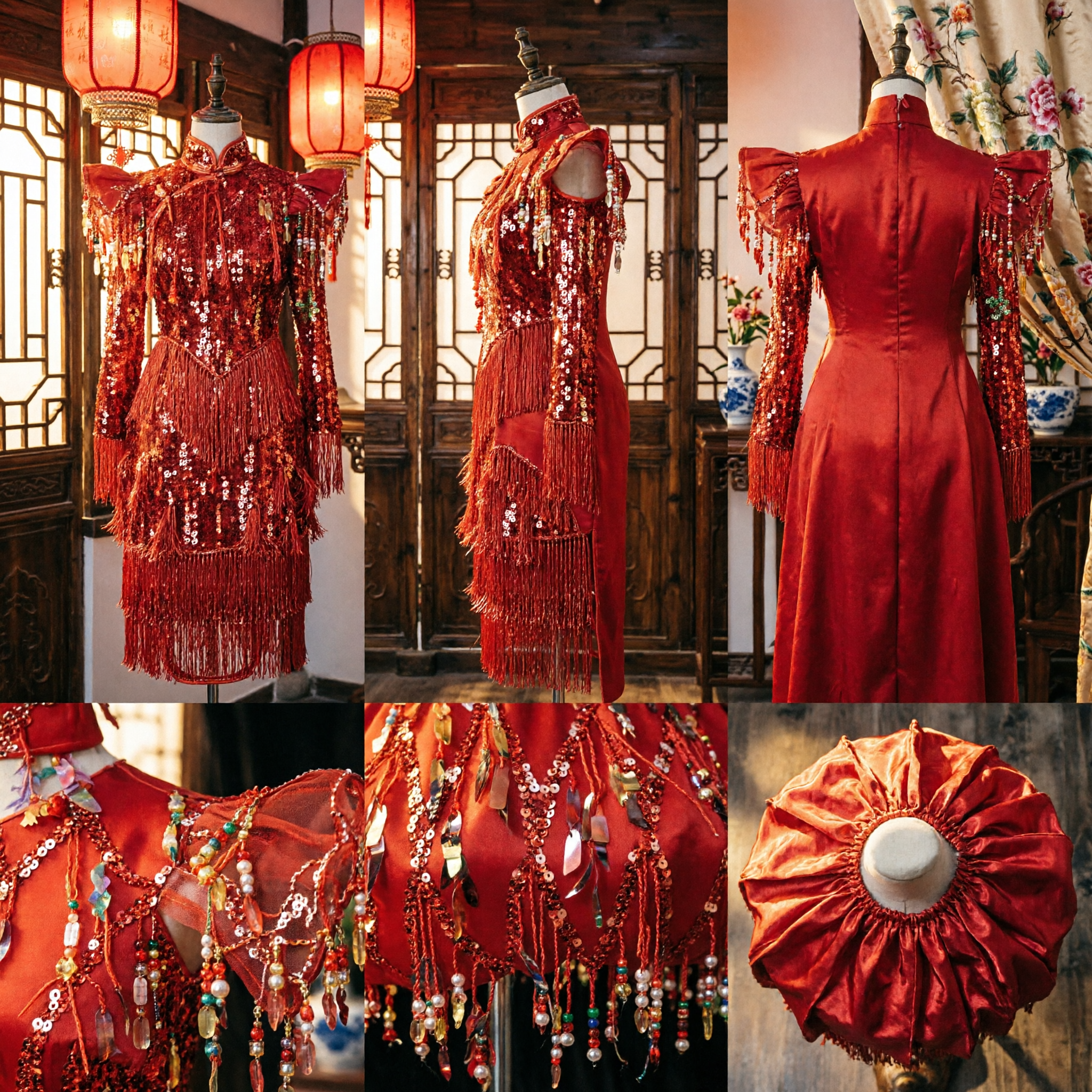 Girls Red Latin Dance Dress Sparkly Sequin Fringe Skirt for Kids Stage Performance Competition - Asian Costume