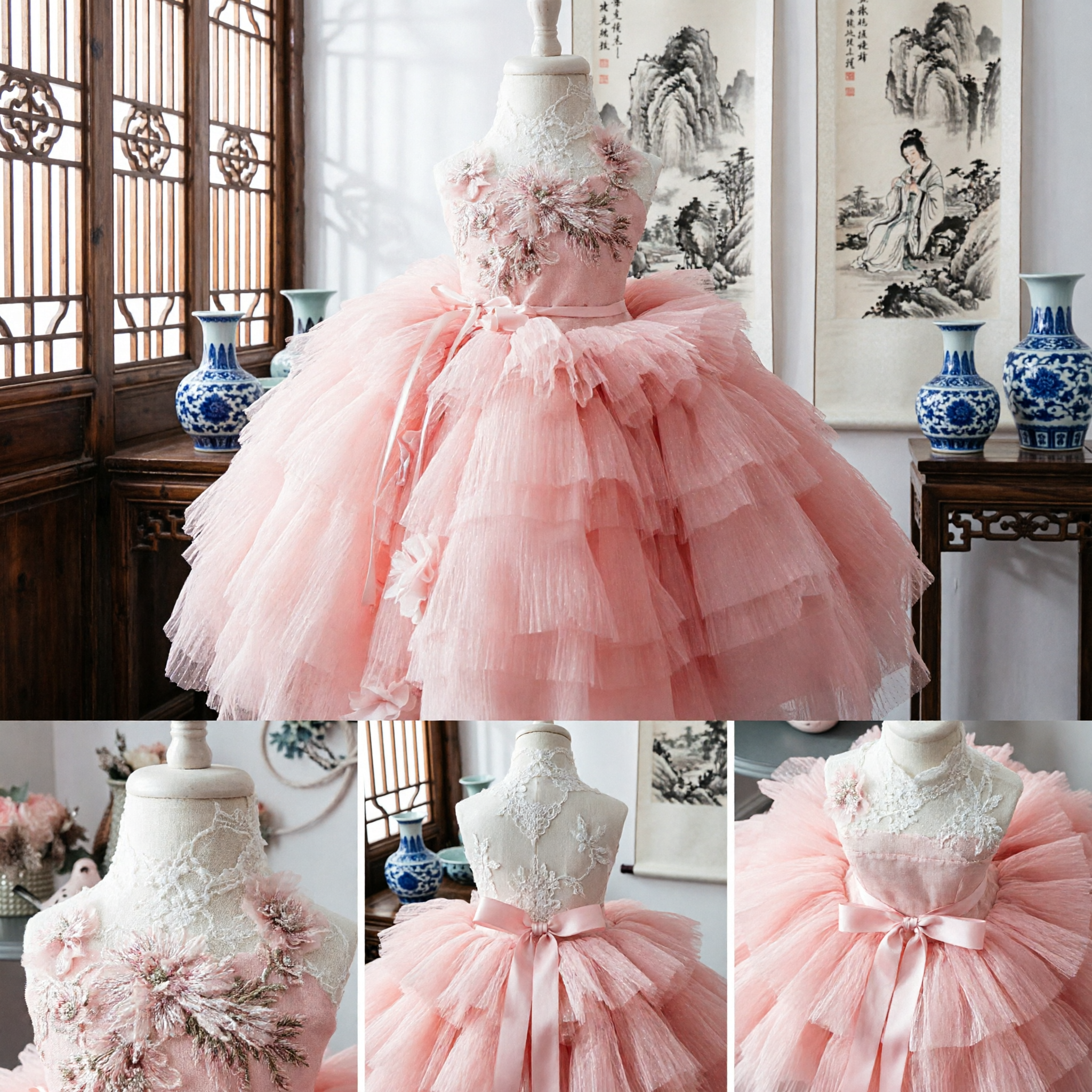 Pink Flower Girl Dress Toddler Princess Tulle Ball Gown with Embroidered Lace Bodice for Weddings - Asian Costume