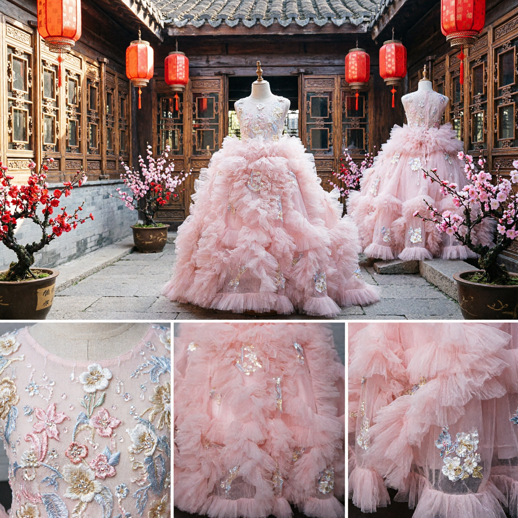 Luxury Pink Ruffled Tulle Ballgown with Embroidered Bodice for Girls Quinceanera Princess Pageant Costume - Asian Costume